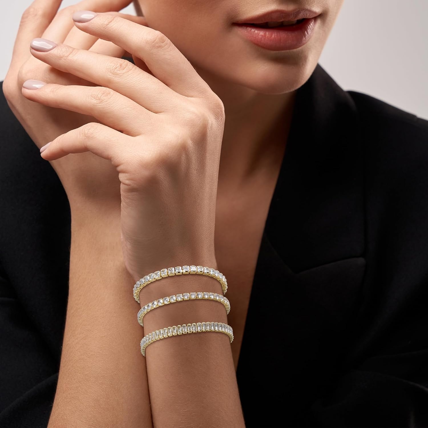 Silver Tennis Bracelets Set for Women 3Pcs Adjustable Tennis Bracelet(Gold)