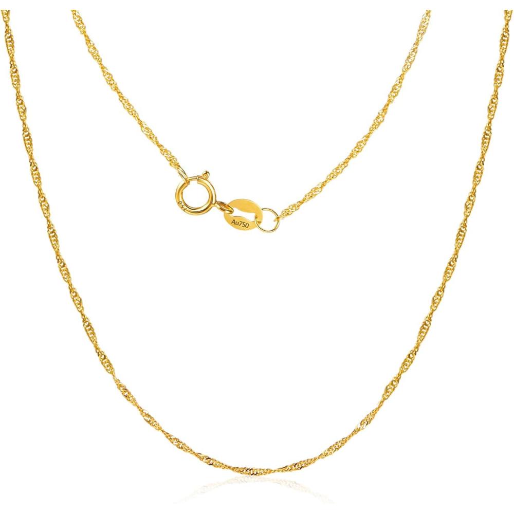 LANCHARMED Solid 18K Gold Necklace 1mm Dainty Water Wave Chain Necklace with Spring Ring Clasp Stamped Au750