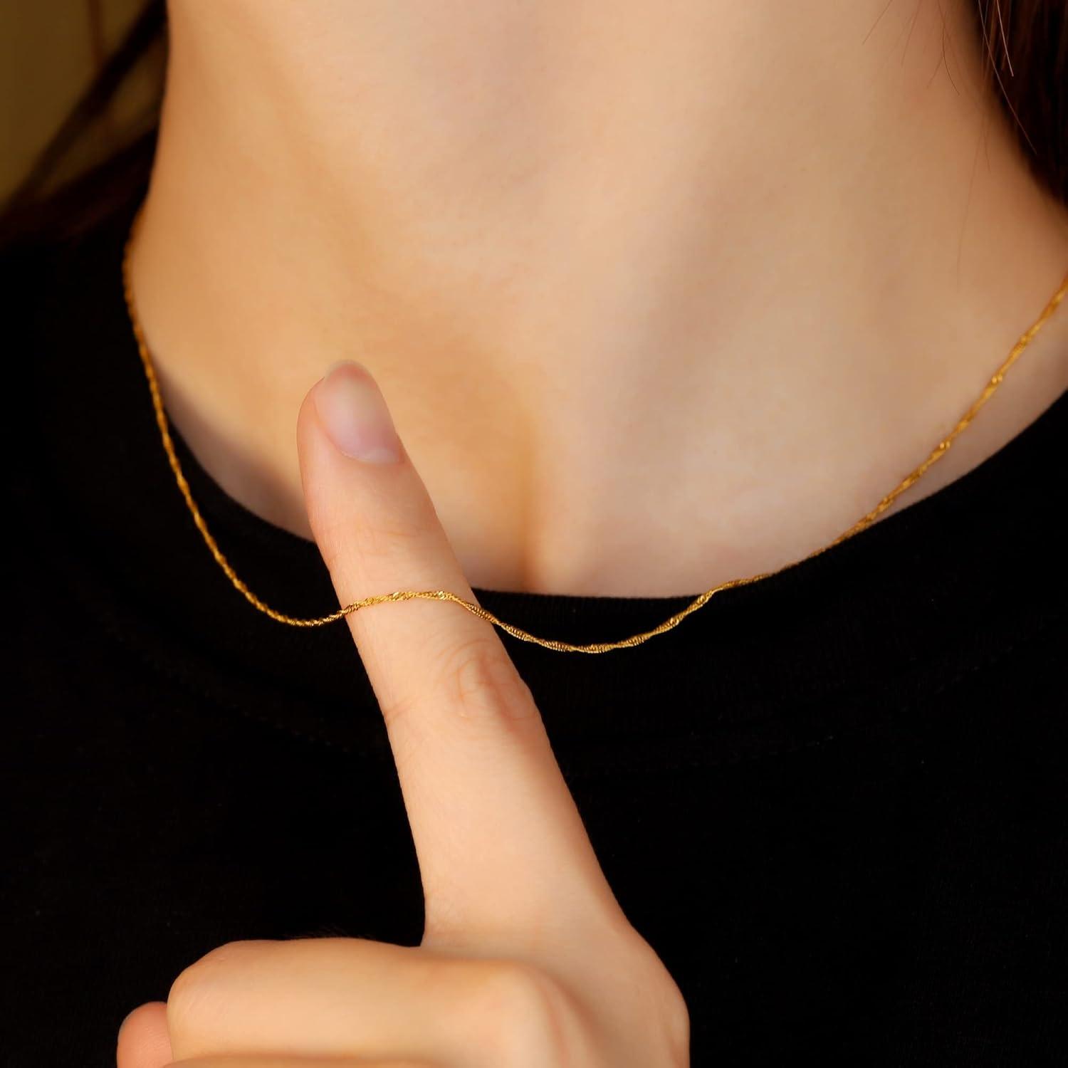 LANCHARMED Solid 18K Gold Necklace 1mm Dainty Water Wave Chain Necklace with Spring Ring Clasp Stamped Au750