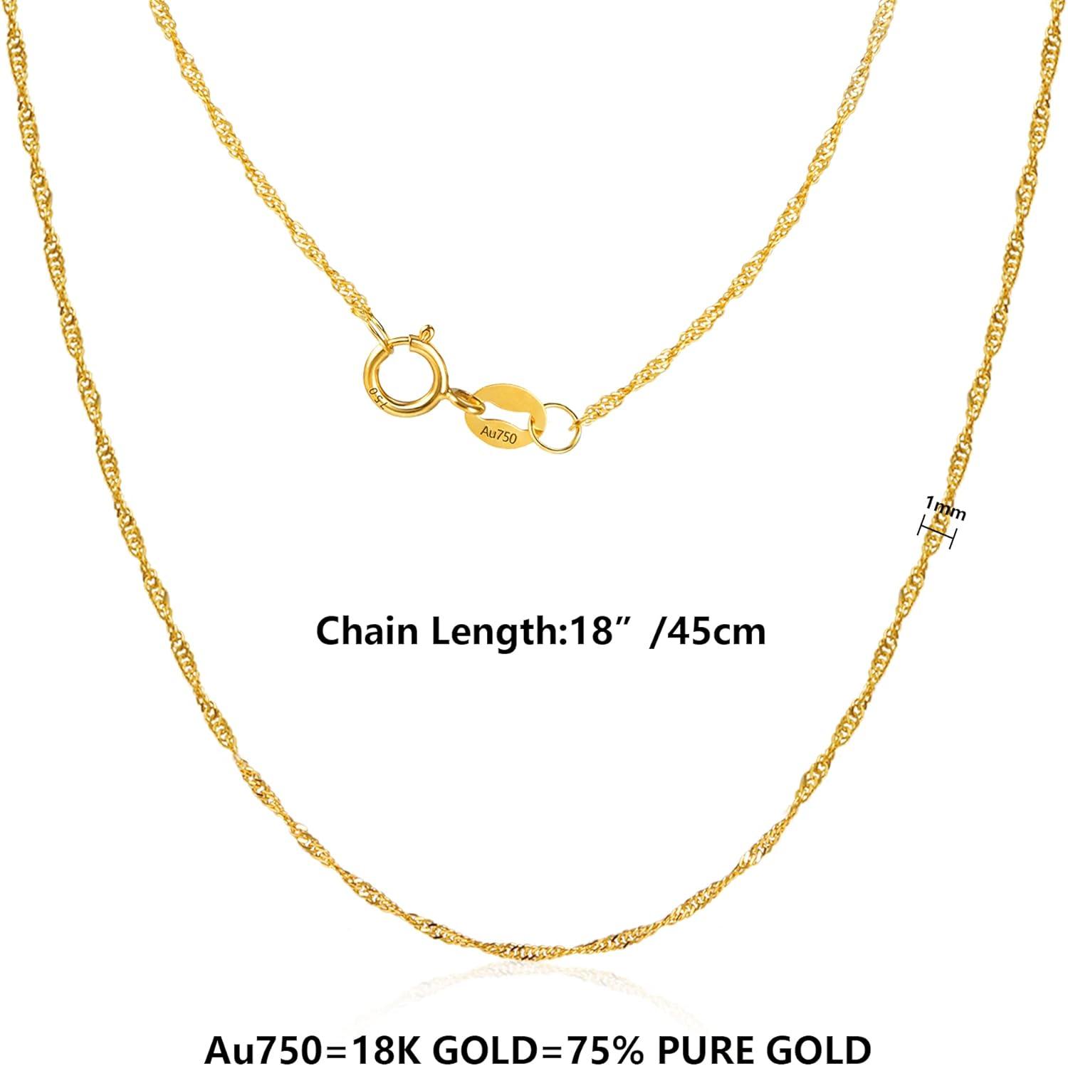 LANCHARMED Solid 18K Gold Necklace 1mm Dainty Water Wave Chain Necklace with Spring Ring Clasp Stamped Au750