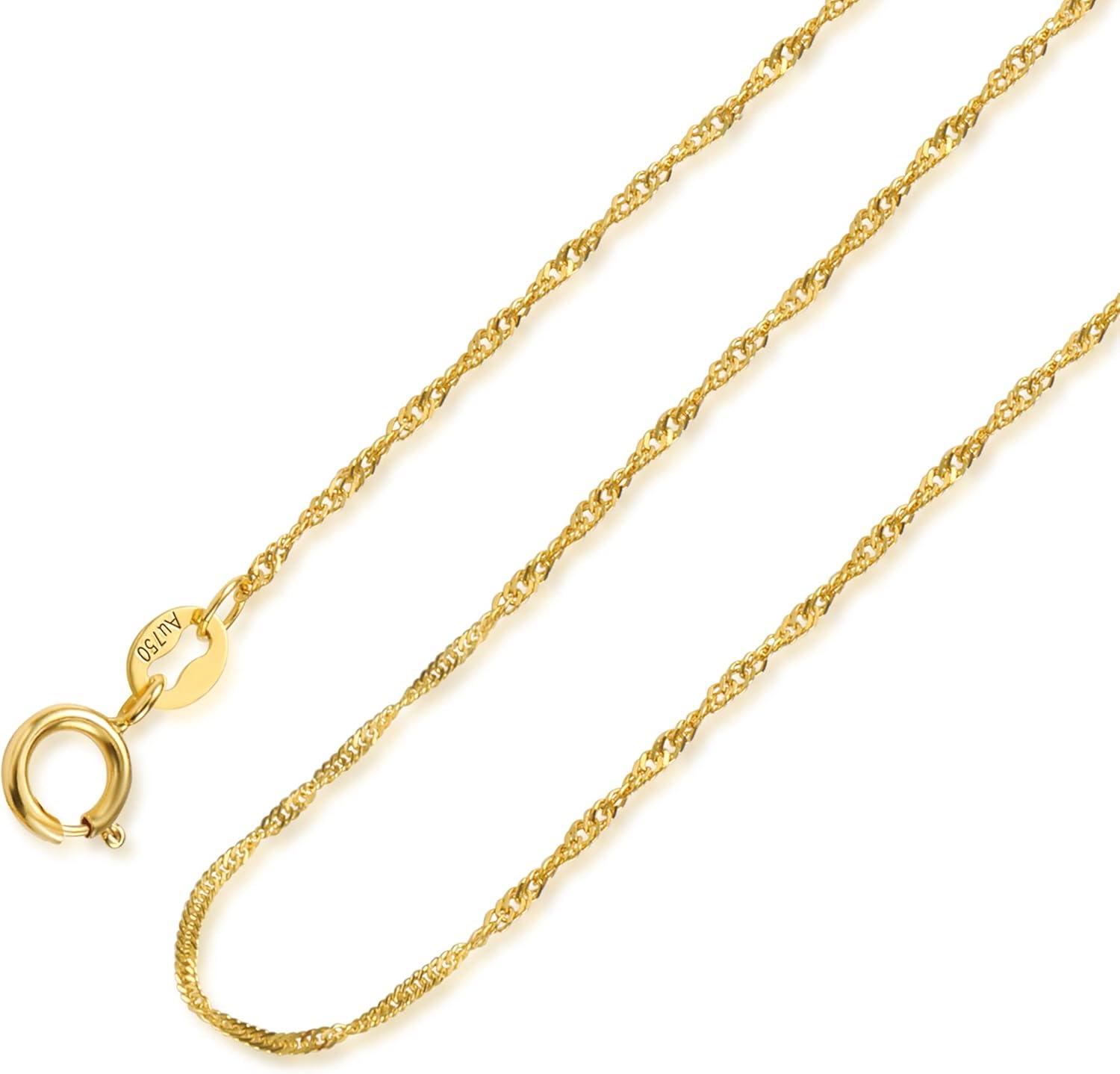 LANCHARMED Solid 18K Gold Necklace 1mm Dainty Water Wave Chain Necklace with Spring Ring Clasp Stamped Au750