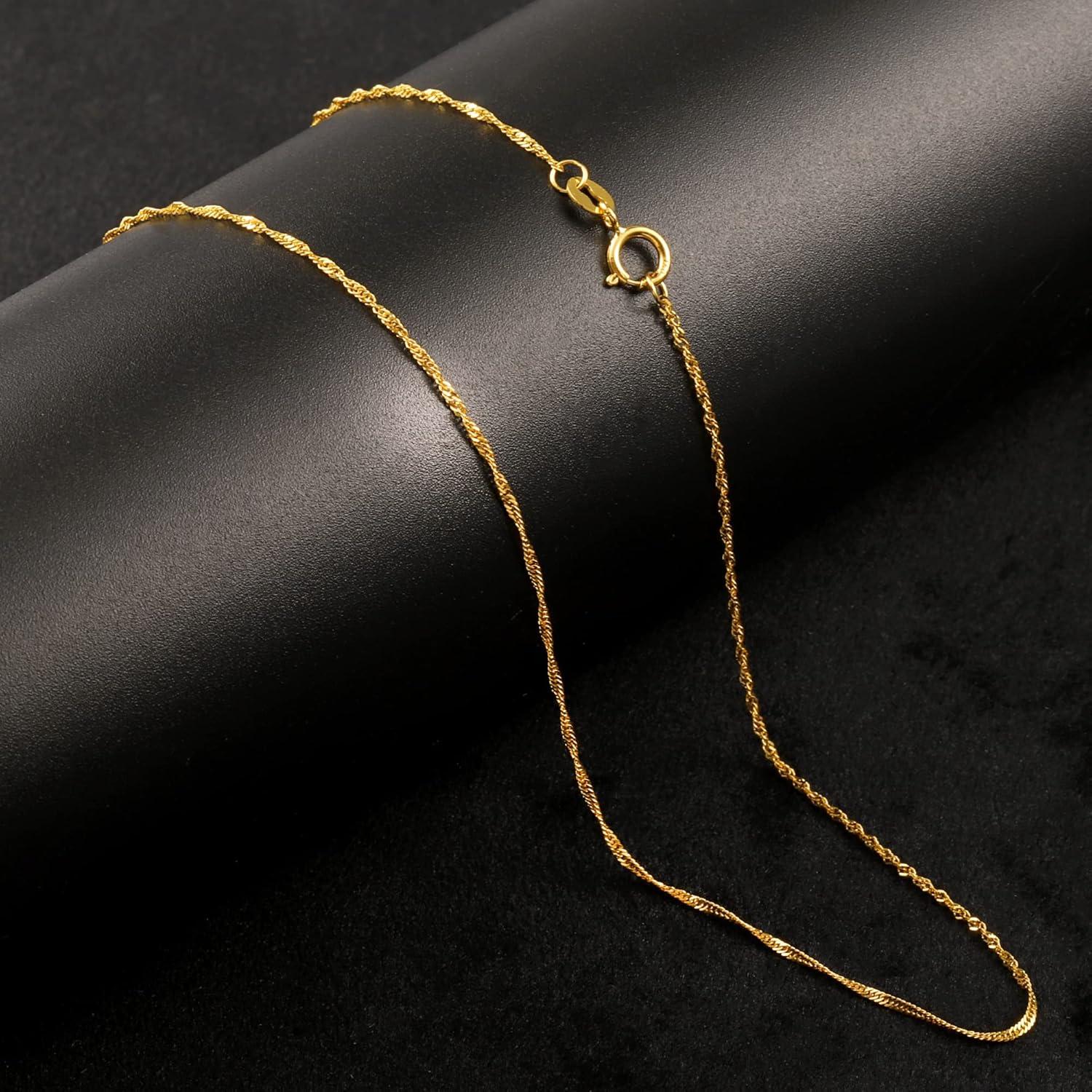 LANCHARMED Solid 18K Gold Necklace 1mm Dainty Water Wave Chain Necklace with Spring Ring Clasp Stamped Au750