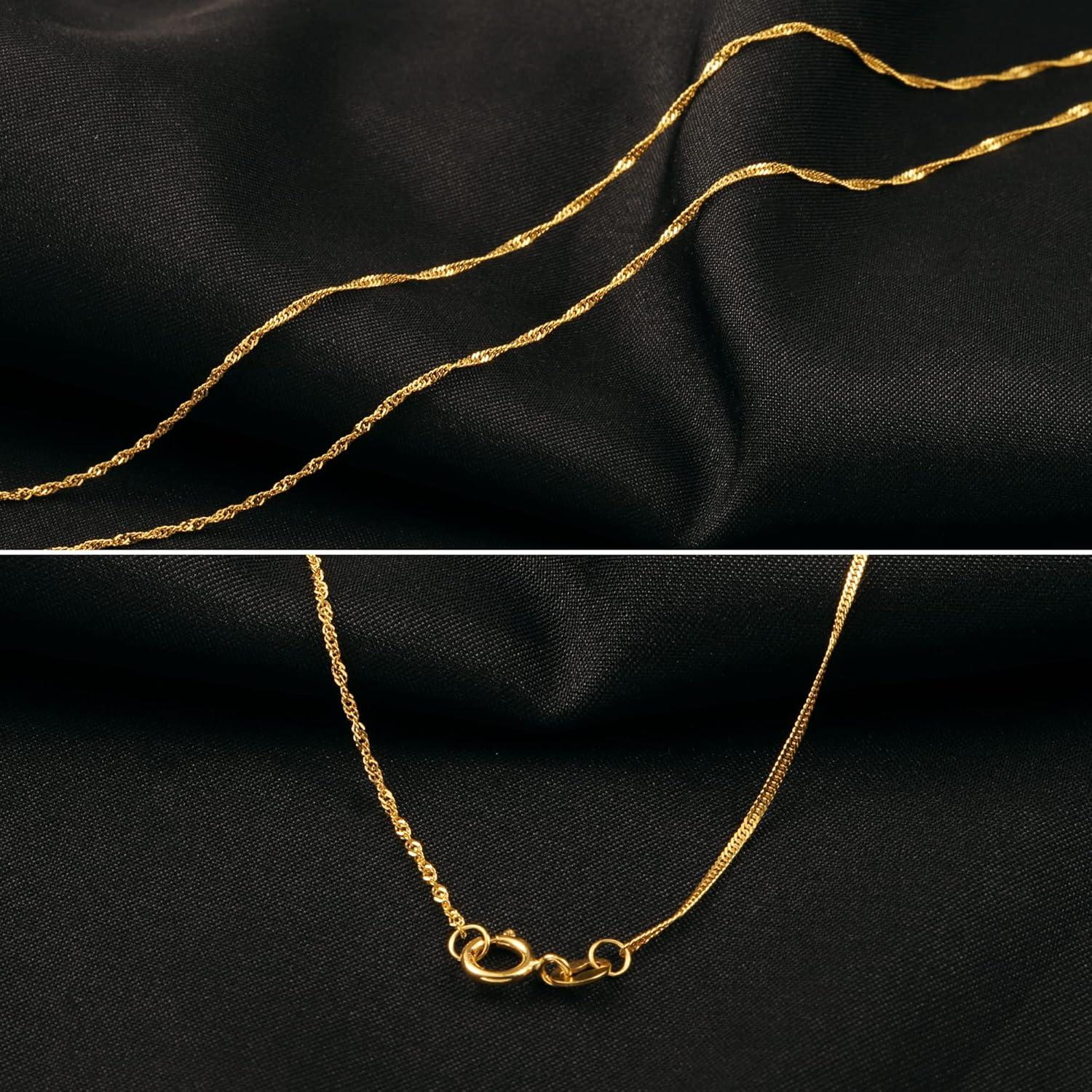 LANCHARMED Solid 18K Gold Necklace 1mm Dainty Water Wave Chain Necklace with Spring Ring Clasp Stamped Au750
