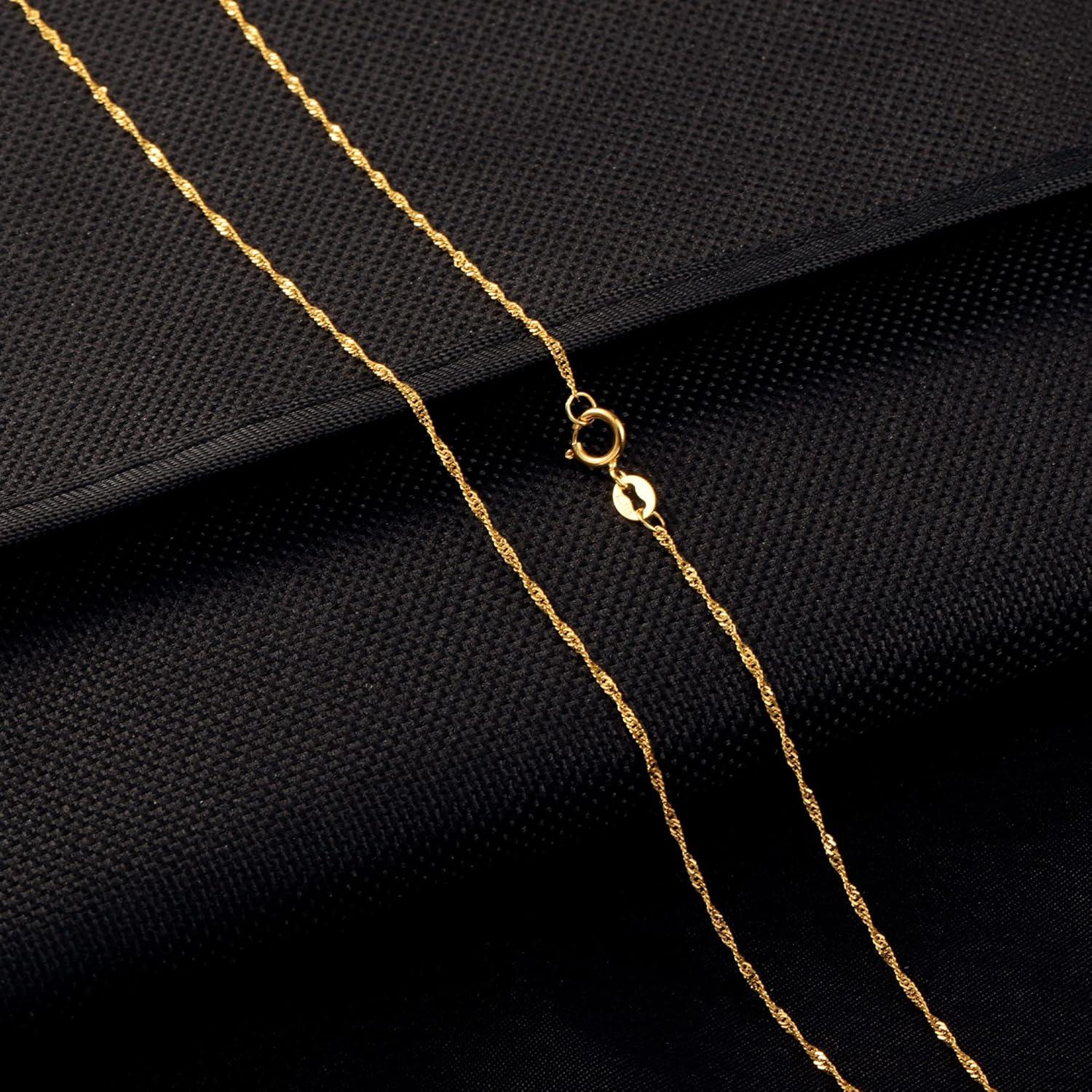 LANCHARMED Solid 18K Gold Necklace 1mm Dainty Water Wave Chain Necklace with Spring Ring Clasp Stamped Au750