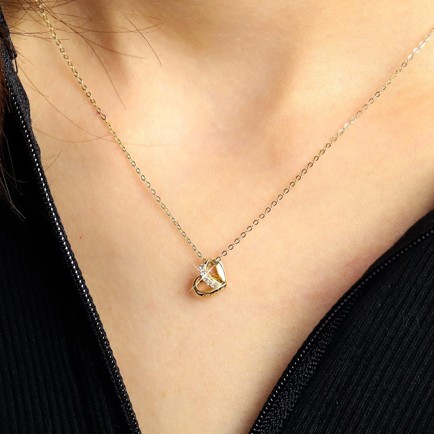 LANCHARMED Solid 14K Yellow Gold Heart Pendant Necklace for Women Dainty AAAAA CZ Heart Necklace for Her