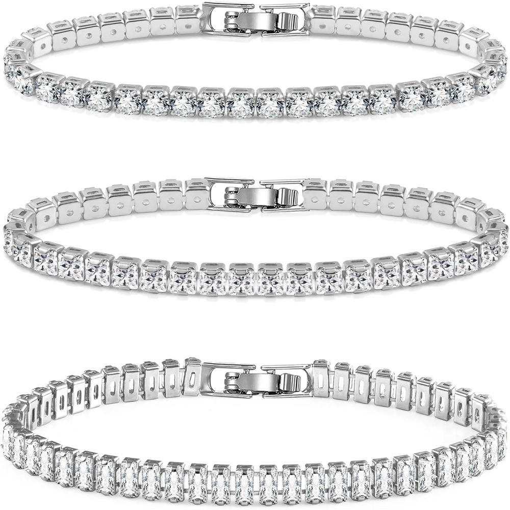 Silver Tennis Bracelets Set for Women 3Pcs Adjustable Tennis Bracelet(White Gold)
