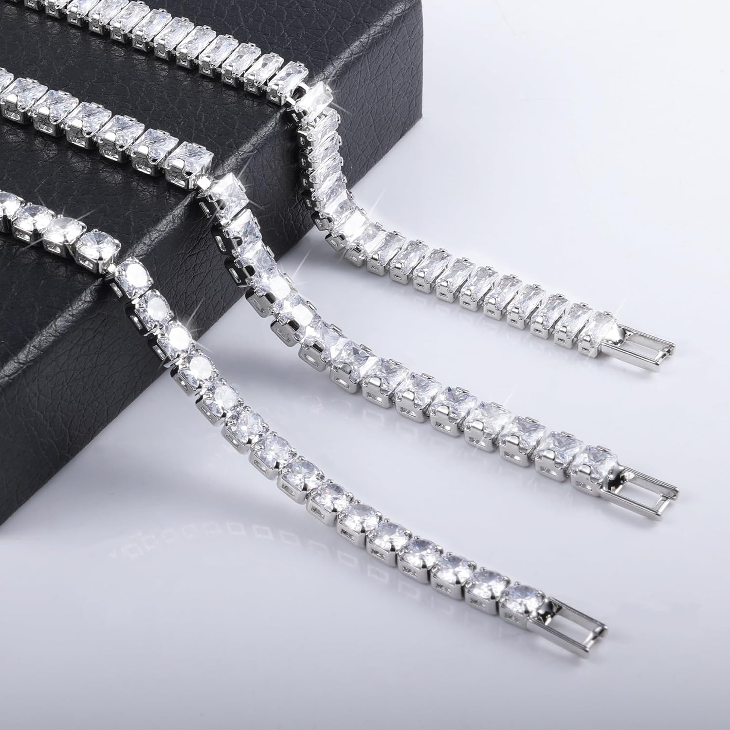Silver Tennis Bracelets Set for Women 3Pcs Adjustable Tennis Bracelet(White Gold)