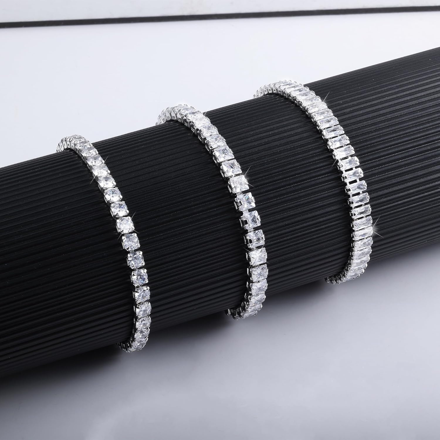 Silver Tennis Bracelets Set for Women 3Pcs Adjustable Tennis Bracelet(White Gold)