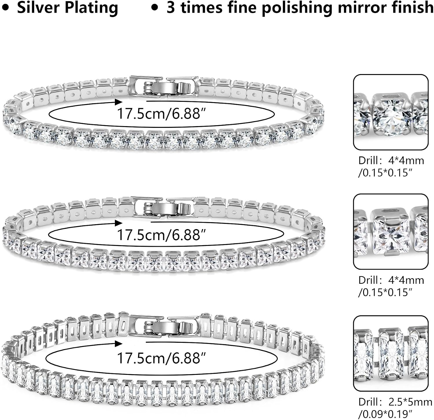Silver Tennis Bracelets Set for Women 3Pcs Adjustable Tennis Bracelet(White Gold)