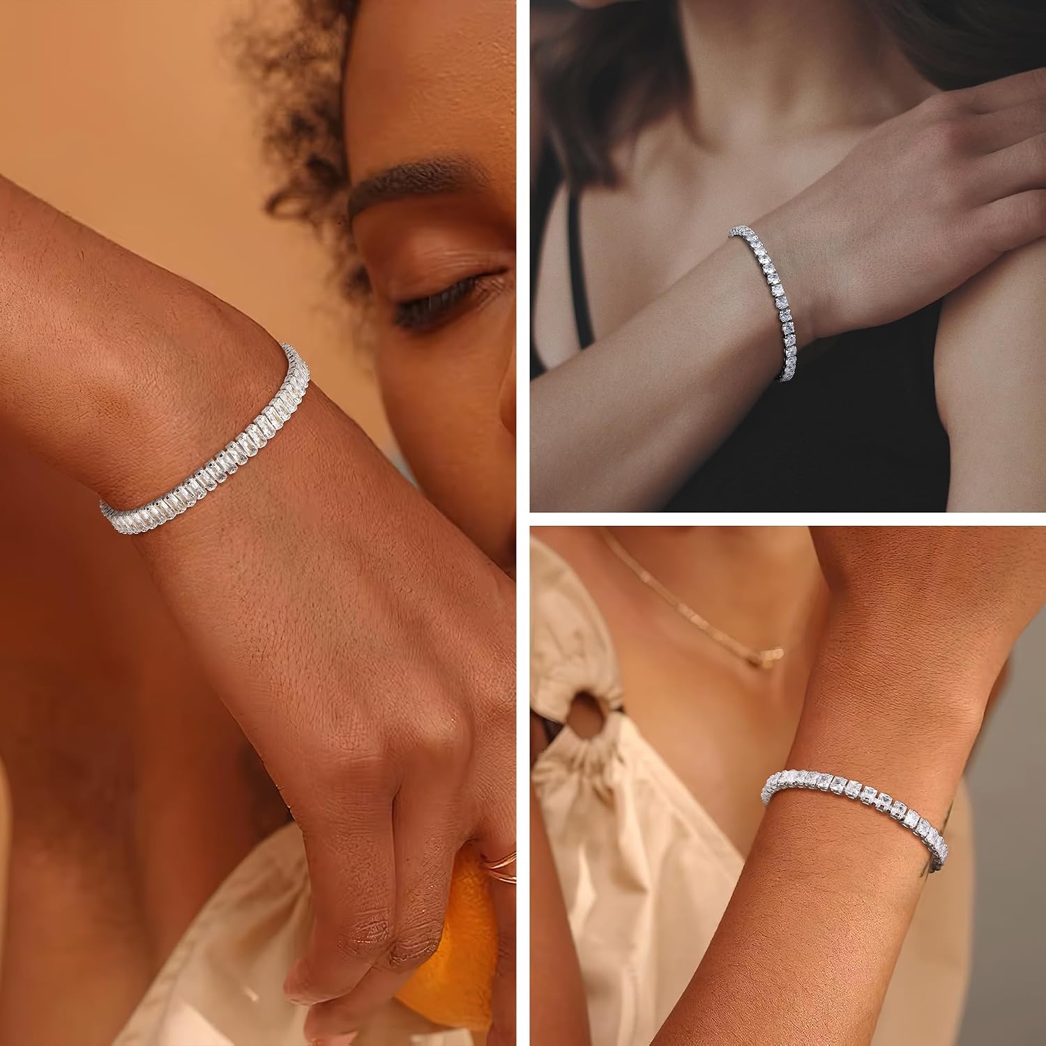 Silver Tennis Bracelets Set for Women 3Pcs Adjustable Tennis Bracelet(White Gold)