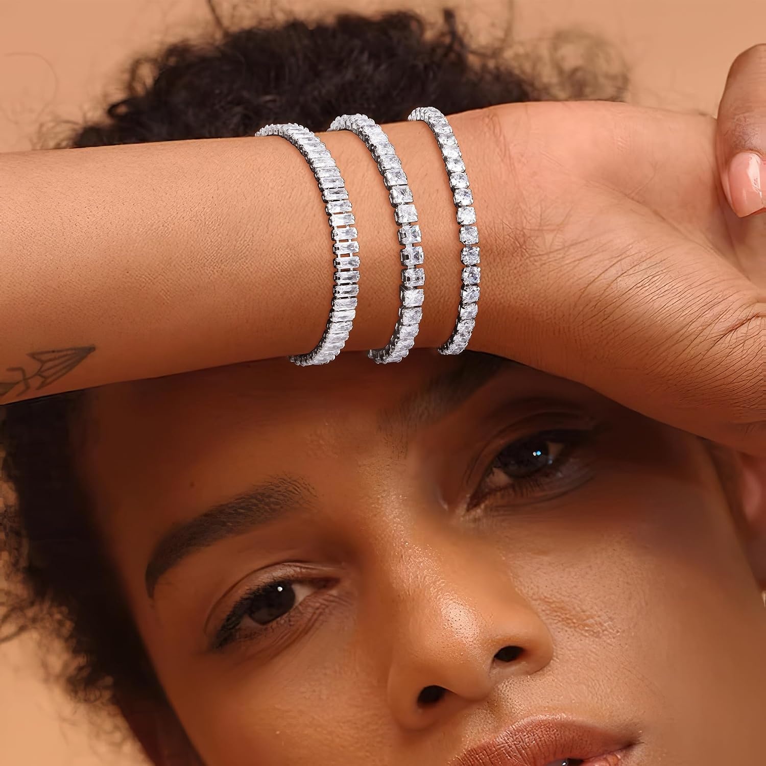 Silver Tennis Bracelets Set for Women 3Pcs Adjustable Tennis Bracelet(White Gold)