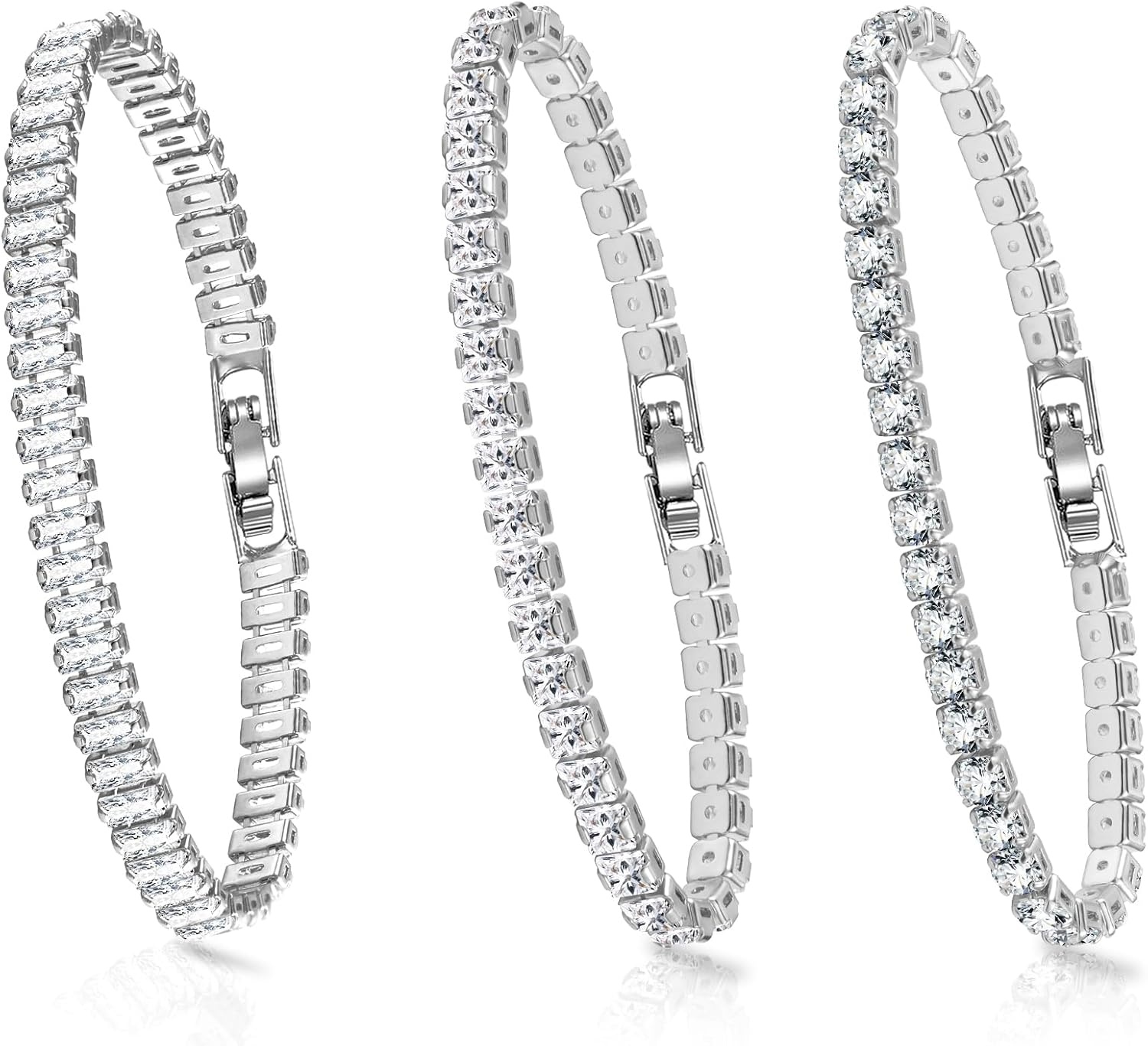 Silver Tennis Bracelets Set for Women 3Pcs Adjustable Tennis Bracelet(White Gold)