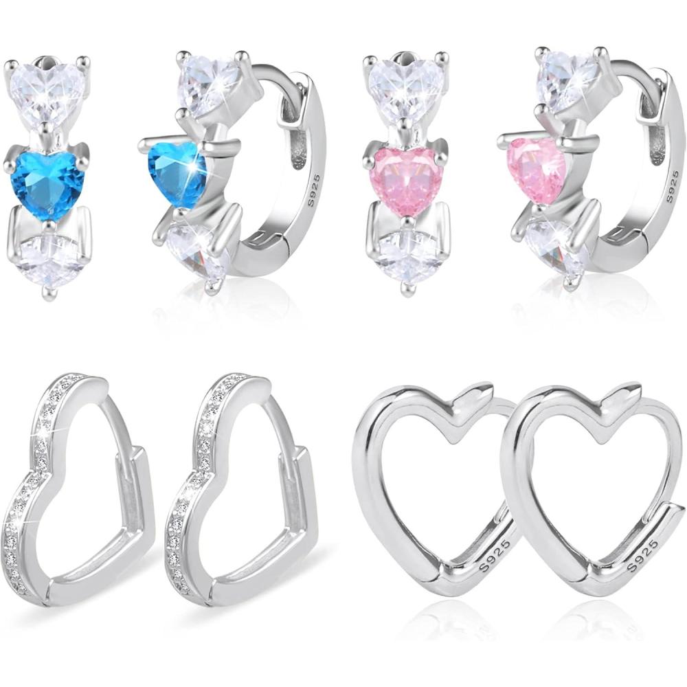 Lancharmed Small Sterling Silver Heart Hoop Earrings for Girls Women Hypoallergenic Love Heart Pink Blue Earrings Jewelry Girl Hoop Earings 4 Pairs