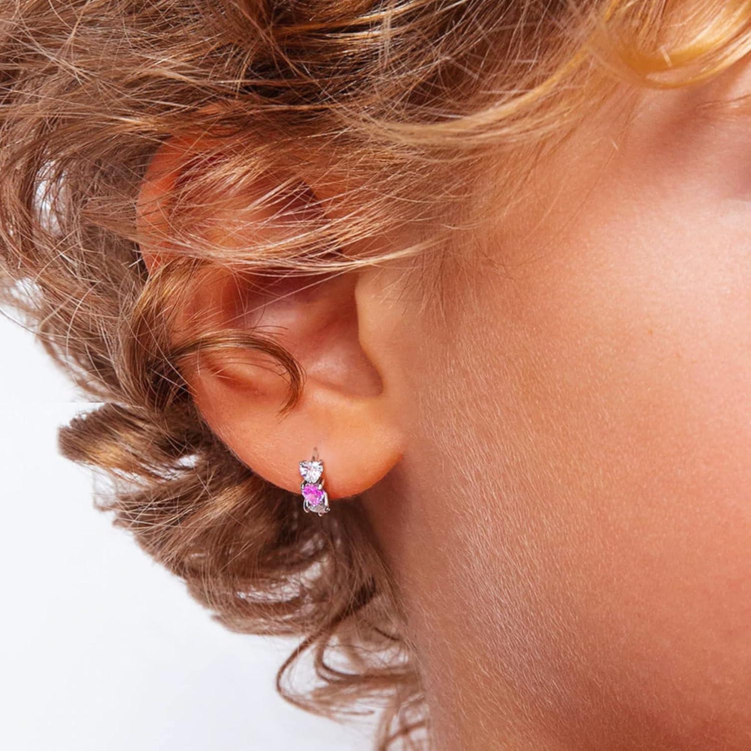 Lancharmed Small Sterling Silver Heart Hoop Earrings for Girls Women Hypoallergenic Love Heart Pink Blue Earrings Jewelry Girl Hoop Earings 4 Pairs