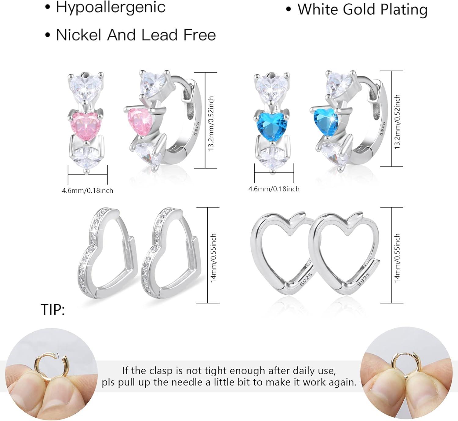 Lancharmed Small Sterling Silver Heart Hoop Earrings for Girls Women Hypoallergenic Love Heart Pink Blue Earrings Jewelry Girl Hoop Earings 4 Pairs