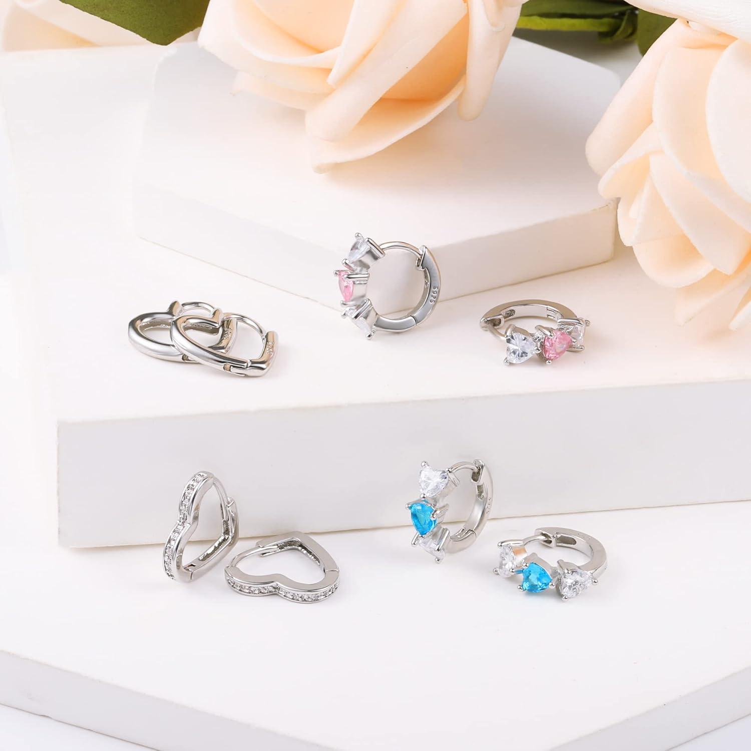 Lancharmed Small Sterling Silver Heart Hoop Earrings for Girls Women Hypoallergenic Love Heart Pink Blue Earrings Jewelry Girl Hoop Earings 4 Pairs