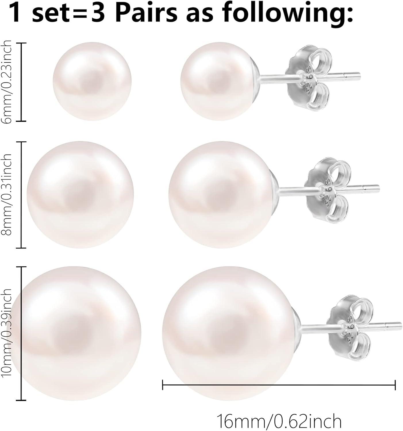 LANCHARMED Pearl Stud Earrings for Women Studs Set AAA Pearl Studs Hypoallergenic Sterling Silver Pearl Earrings Multi Pack(6/7/9 mm White Pearl)