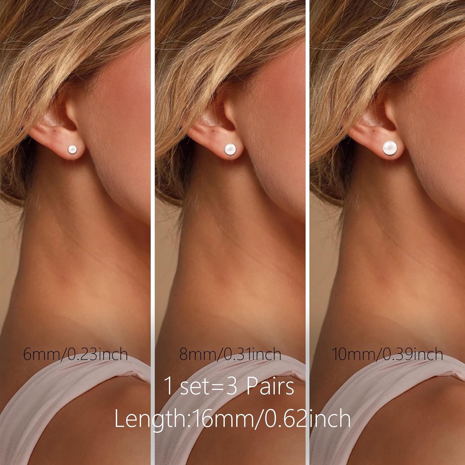LANCHARMED Pearl Stud Earrings for Women Studs Set AAA Pearl Studs Hypoallergenic Sterling Silver Pearl Earrings Multi Pack(6/7/9 mm White Pearl)