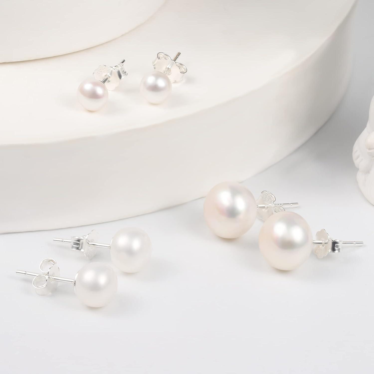 LANCHARMED Pearl Stud Earrings for Women Studs Set AAA Pearl Studs Hypoallergenic Sterling Silver Pearl Earrings Multi Pack(6/7/9 mm White Pearl)