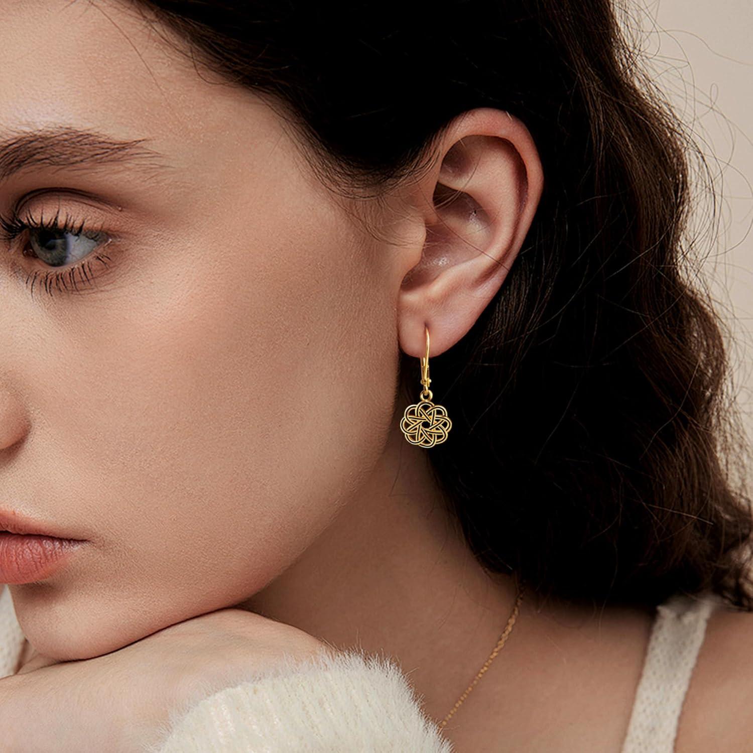 LANCHARMED 925 Sterling Silver Dangle Drop Earrings for Women girls, 14K Gold Trendy Celtic Knot Leverback Dangle Earrings, Lightweight Hypoallergenic Jewelry(Celtic Knot 14K Gold)