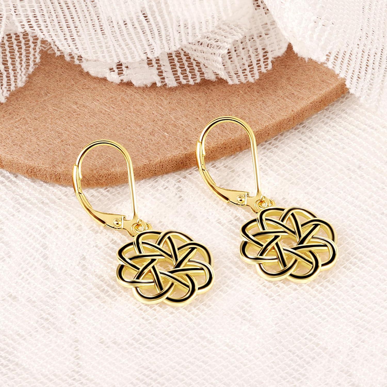 LANCHARMED 925 Sterling Silver Dangle Drop Earrings for Women girls, 14K Gold Trendy Celtic Knot Leverback Dangle Earrings, Lightweight Hypoallergenic Jewelry(Celtic Knot 14K Gold)