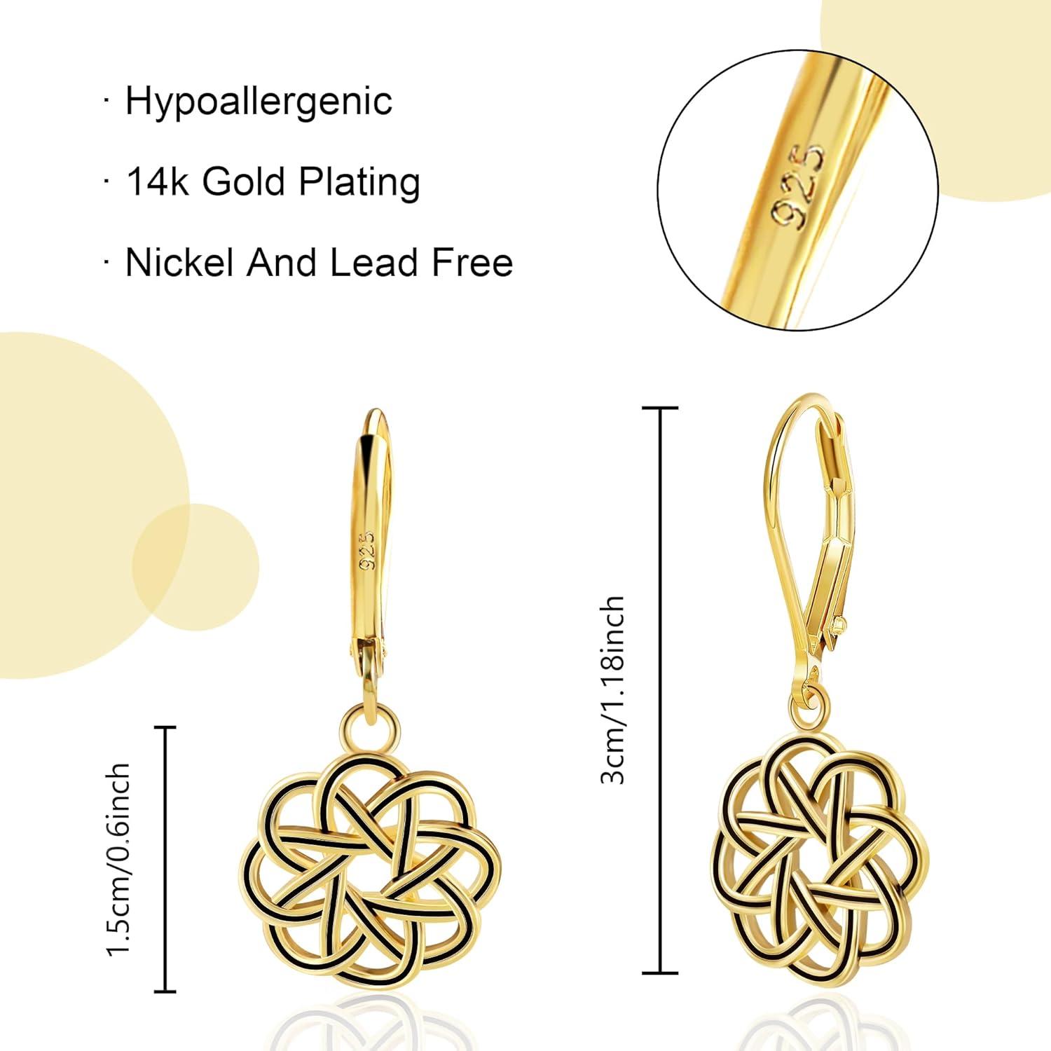 LANCHARMED 925 Sterling Silver Dangle Drop Earrings for Women girls, 14K Gold Trendy Celtic Knot Leverback Dangle Earrings, Lightweight Hypoallergenic Jewelry(Celtic Knot 14K Gold)