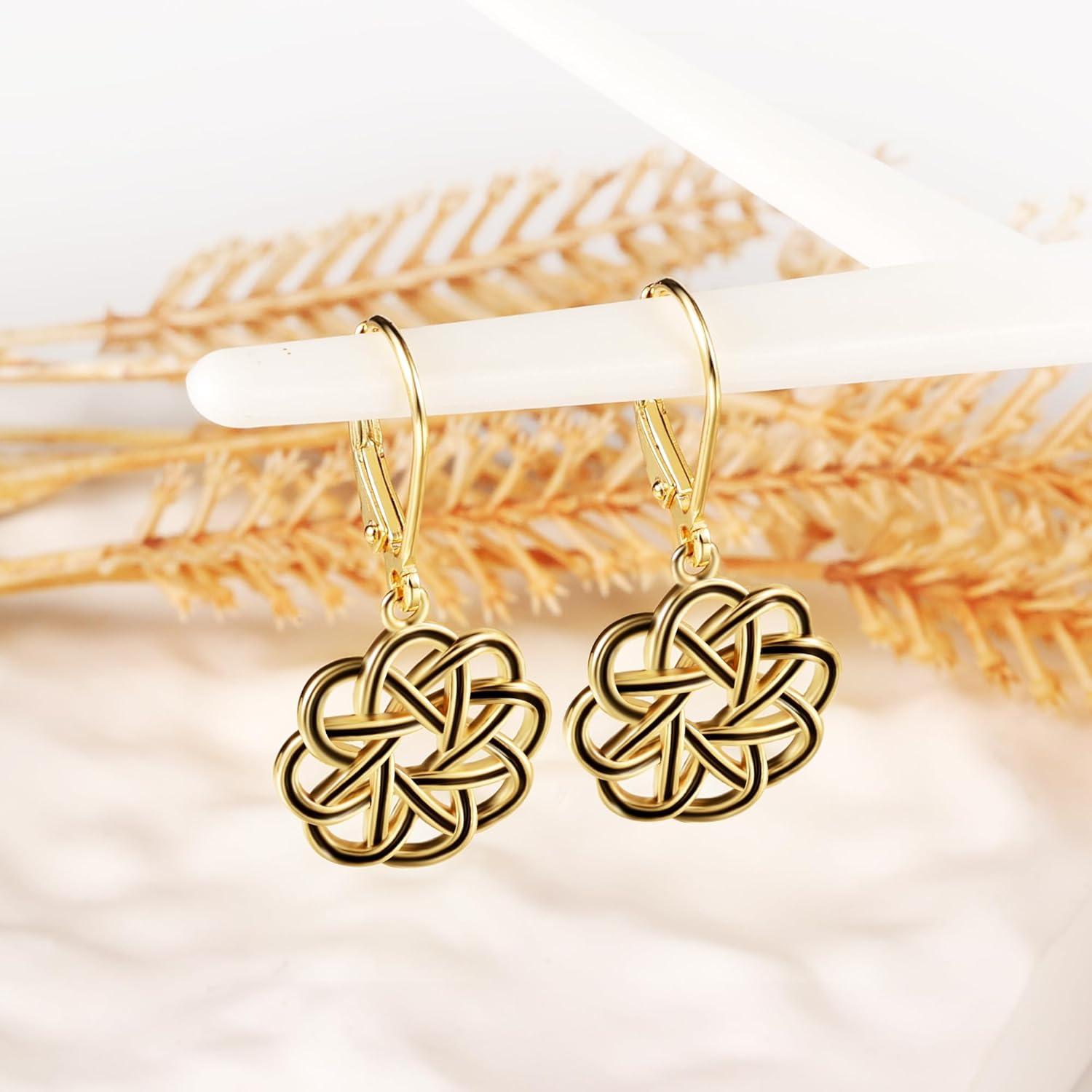 LANCHARMED 925 Sterling Silver Dangle Drop Earrings for Women girls, 14K Gold Trendy Celtic Knot Leverback Dangle Earrings, Lightweight Hypoallergenic Jewelry(Celtic Knot 14K Gold)