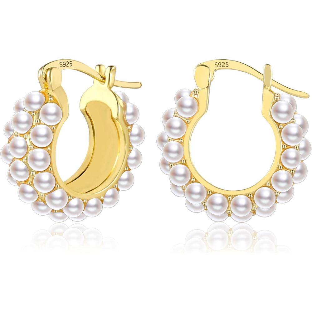 Gold Pearl Earrings for Women Hypoallergenic Sterling Silver Post Gold Pearl Hoop Earrings Pearls Earings for Women Jewelry Gifts(B-Pearl Hoop)