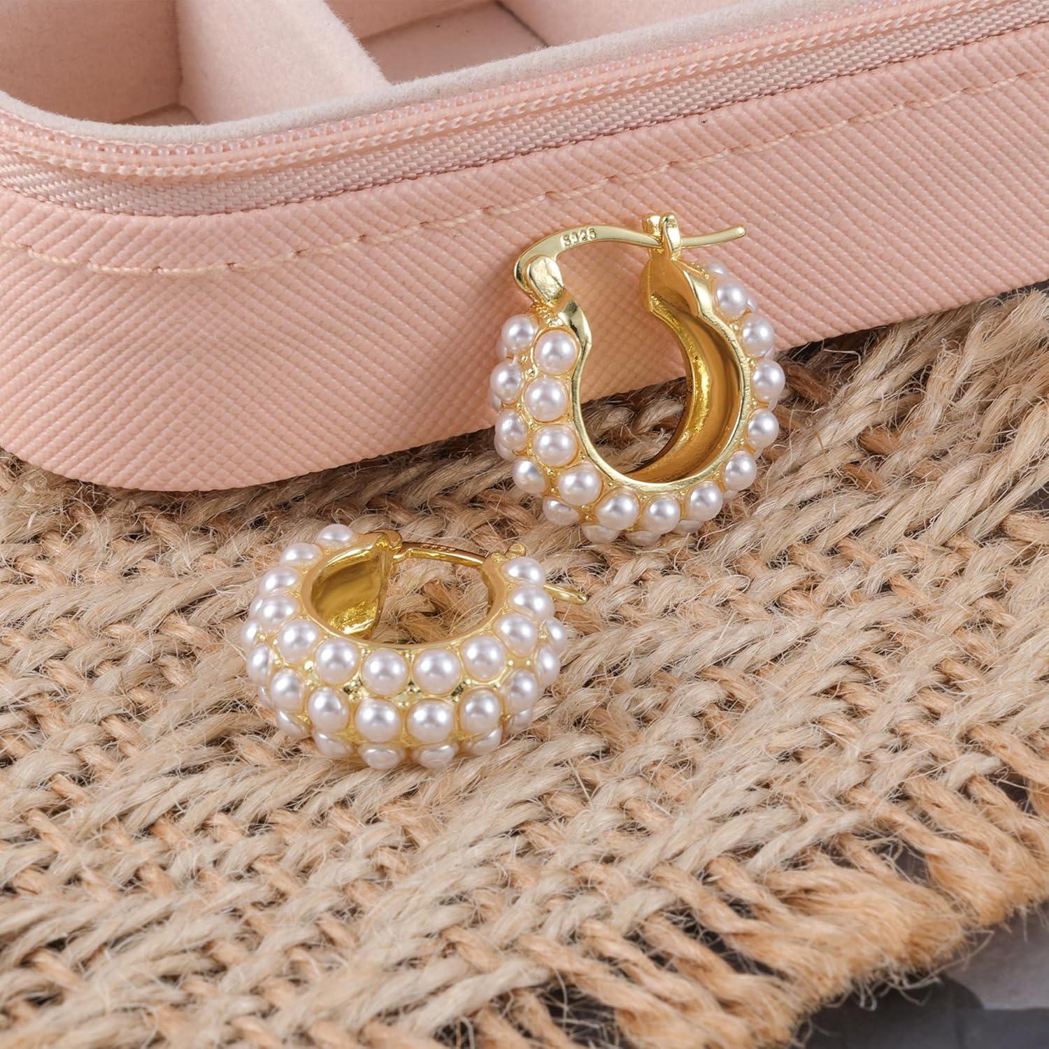 Gold Pearl Earrings for Women Hypoallergenic Sterling Silver Post Gold Pearl Hoop Earrings Pearls Earings for Women Jewelry Gifts(B-Pearl Hoop)