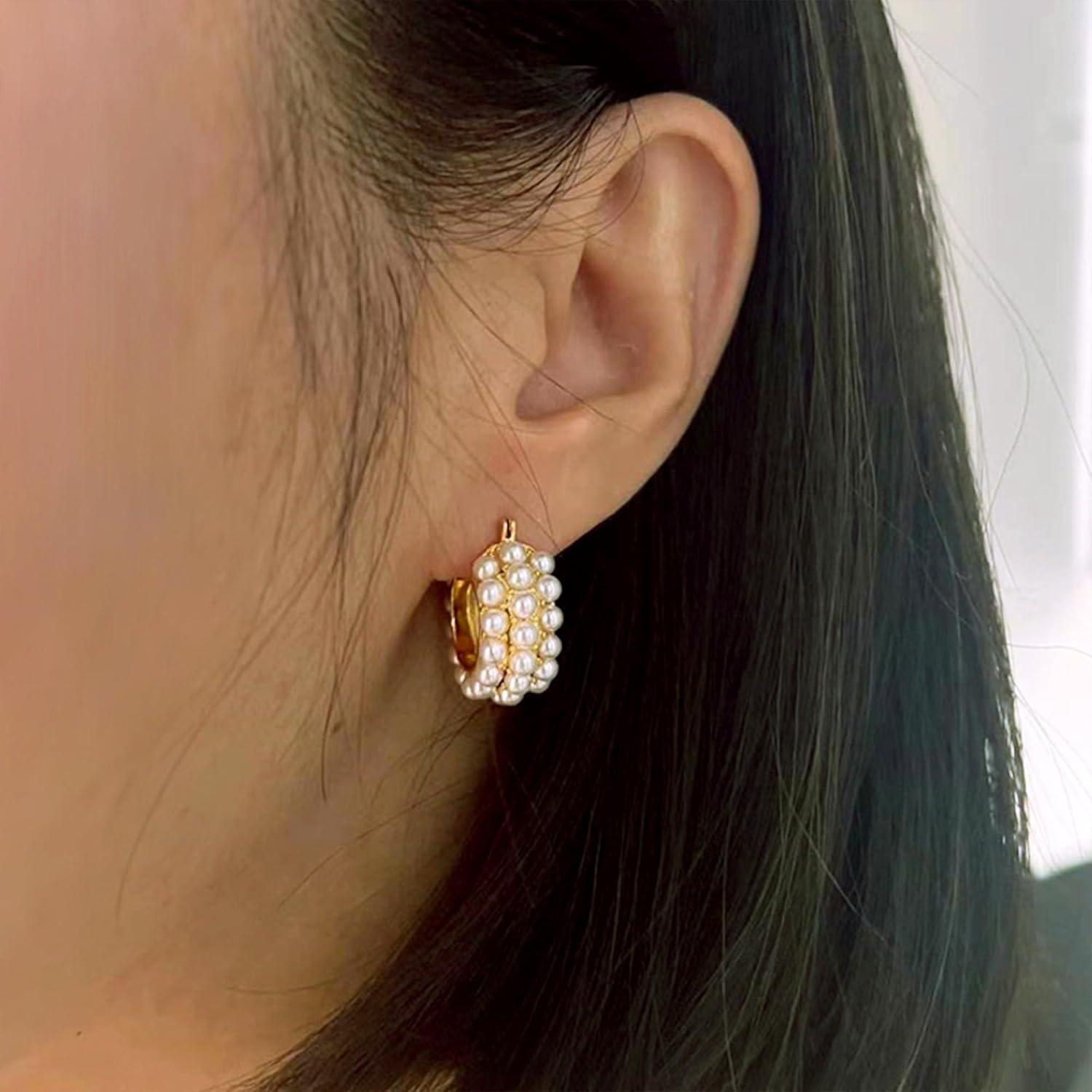 Gold Pearl Earrings for Women Hypoallergenic Sterling Silver Post Gold Pearl Hoop Earrings Pearls Earings for Women Jewelry Gifts(B-Pearl Hoop)