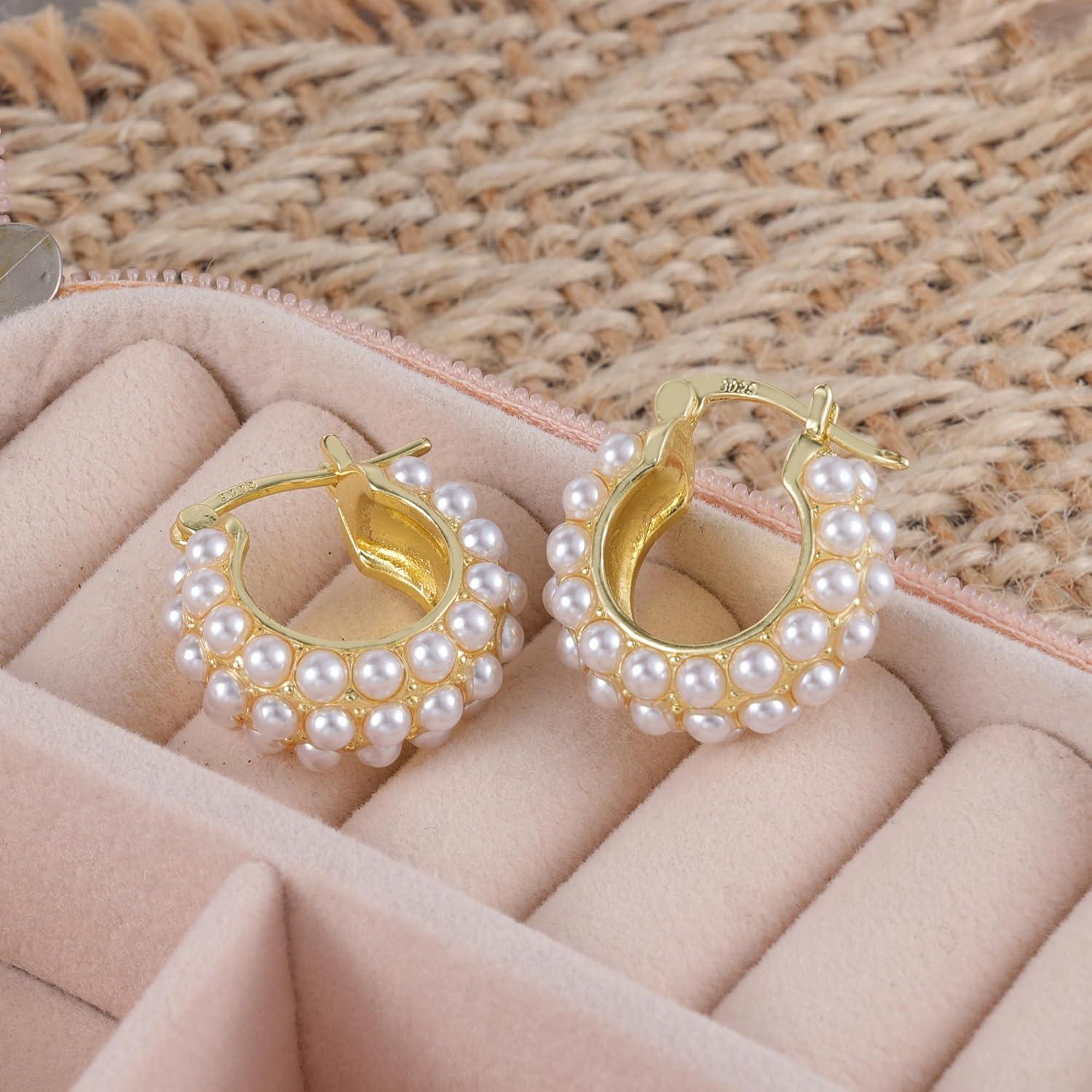 Gold Pearl Earrings for Women Hypoallergenic Sterling Silver Post Gold Pearl Hoop Earrings Pearls Earings for Women Jewelry Gifts(B-Pearl Hoop)