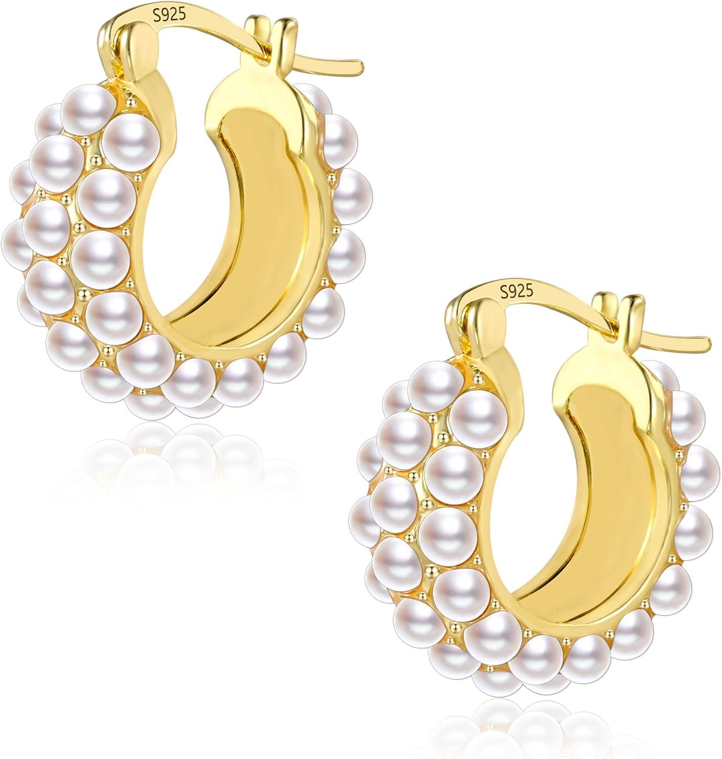 Gold Pearl Earrings for Women Hypoallergenic Sterling Silver Post Gold Pearl Hoop Earrings Pearls Earings for Women Jewelry Gifts(B-Pearl Hoop)