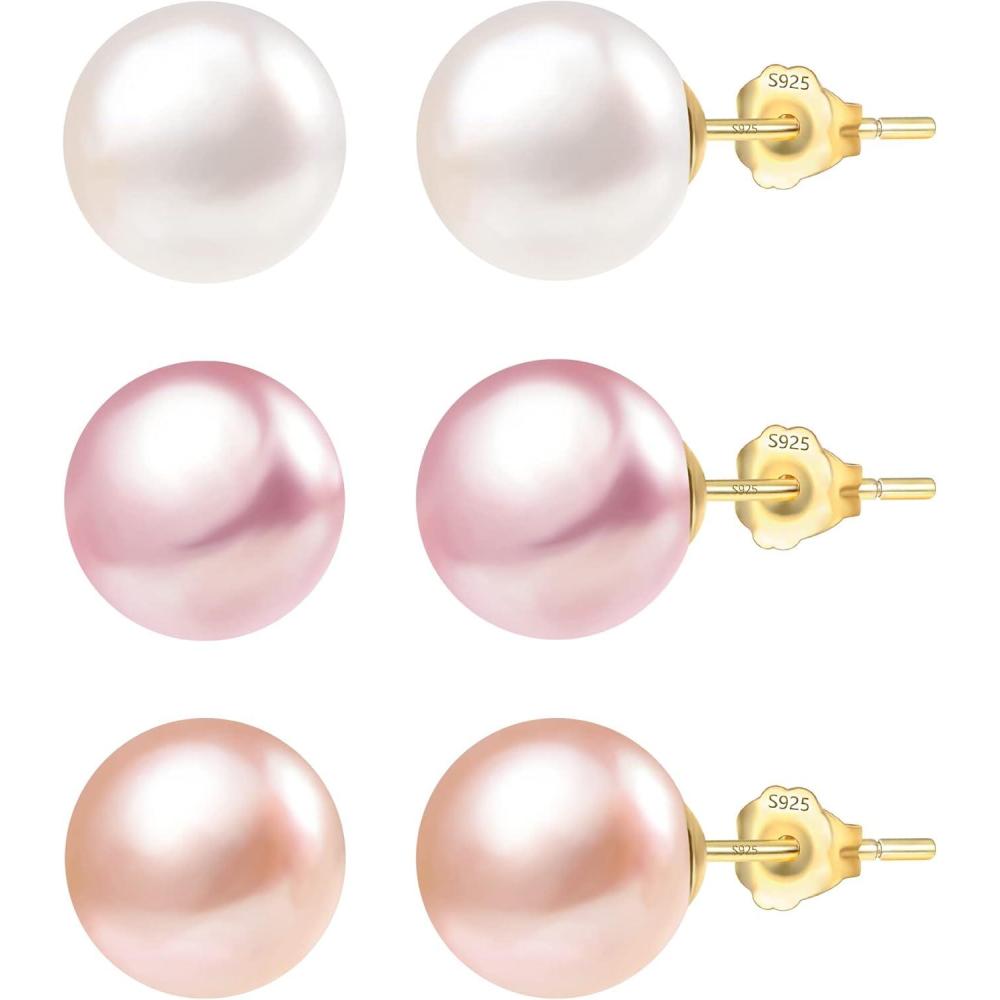 LANCHARMED Pearl Stud Earrings for Women Studs Set AAA Pearl Studs Hypoallergenic Sterling Silver Pearl Earrings Multi Pack(White/Pink/Purple 7mm Pearl-Gold)
