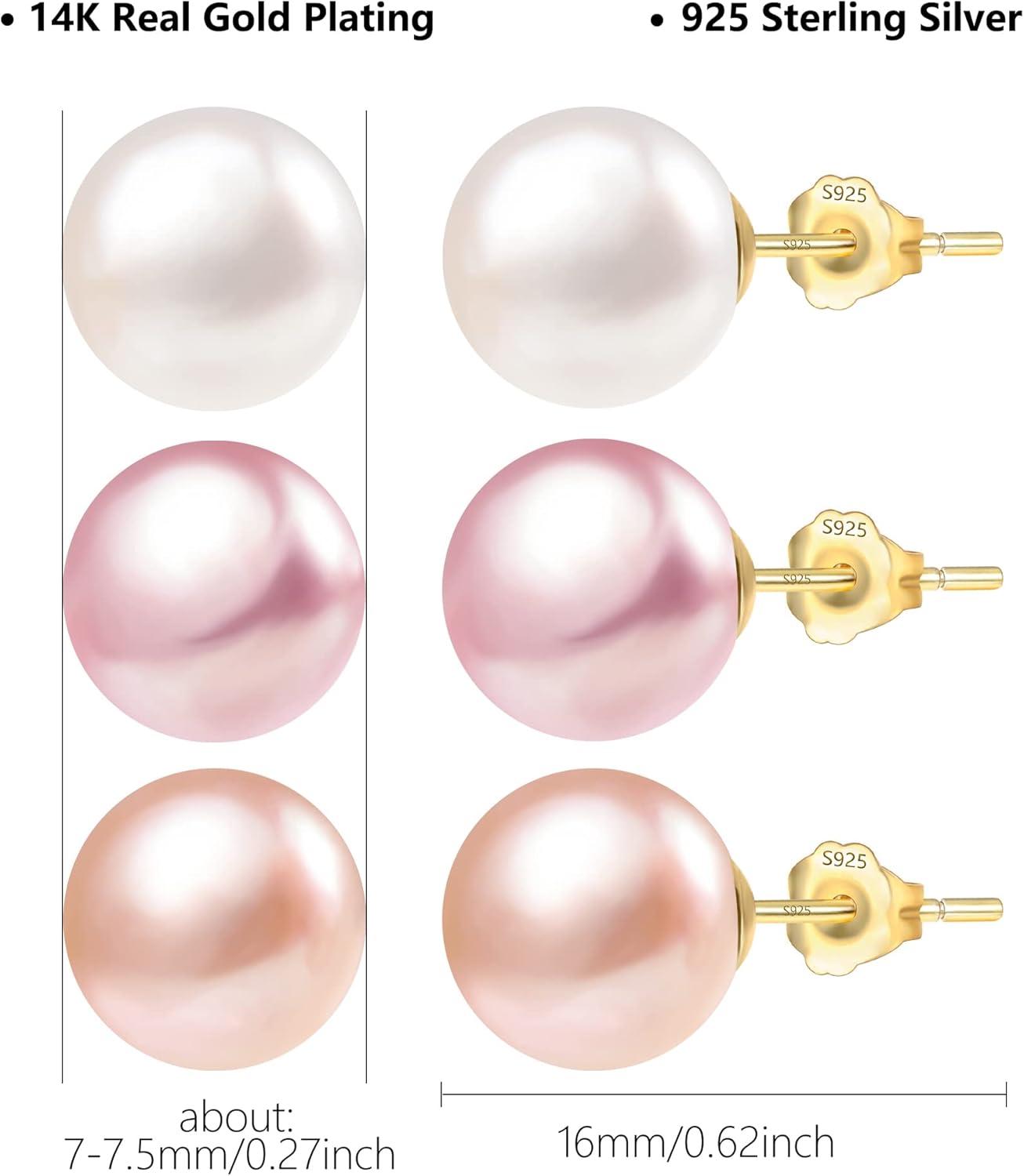 LANCHARMED Pearl Stud Earrings for Women Studs Set AAA Pearl Studs Hypoallergenic Sterling Silver Pearl Earrings Multi Pack(White/Pink/Purple 7mm Pearl-Gold)