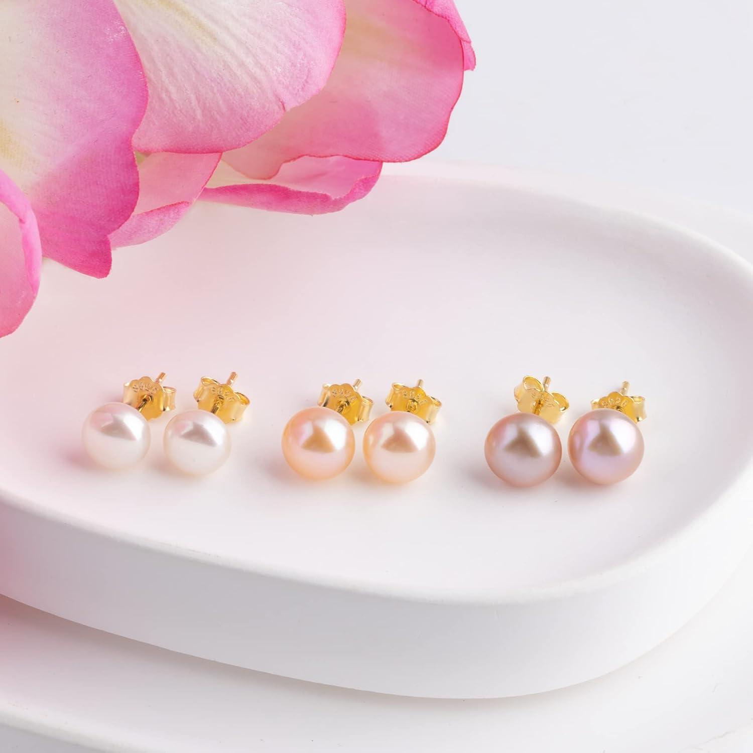 LANCHARMED Pearl Stud Earrings for Women Studs Set AAA Pearl Studs Hypoallergenic Sterling Silver Pearl Earrings Multi Pack(White/Pink/Purple 7mm Pearl-Gold)