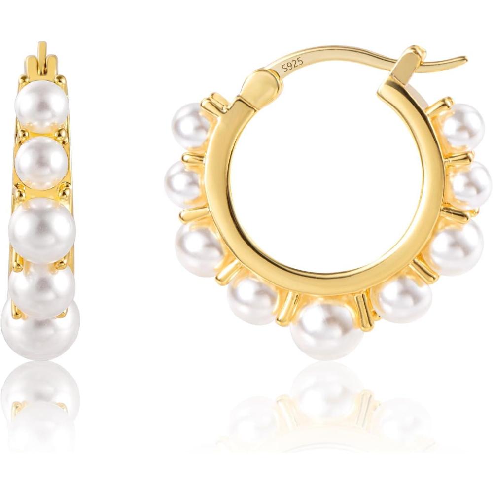 Gold Pearl Earrings for Women Hypoallergenic Sterling Silver Post Gold Pearl Hoop Earrings Pearls Earings for Women Jewelry Gifts(A-Pearl Hoop)