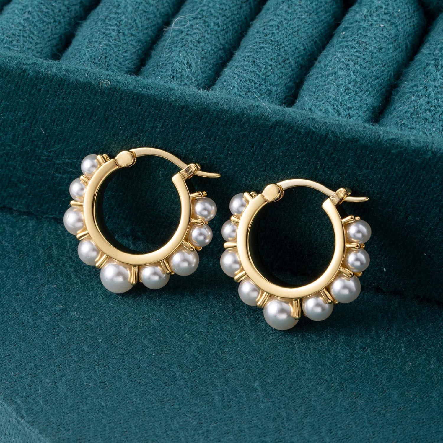 Gold Pearl Earrings for Women Hypoallergenic Sterling Silver Post Gold Pearl Hoop Earrings Pearls Earings for Women Jewelry Gifts(A-Pearl Hoop)