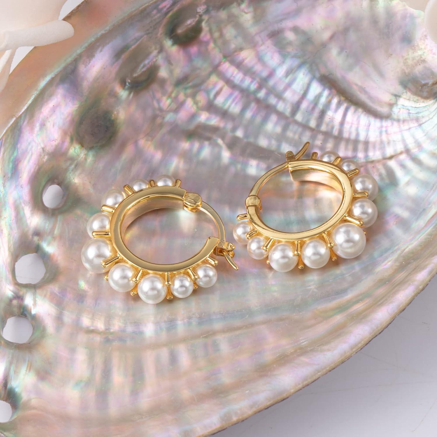 Gold Pearl Earrings for Women Hypoallergenic Sterling Silver Post Gold Pearl Hoop Earrings Pearls Earings for Women Jewelry Gifts(A-Pearl Hoop)