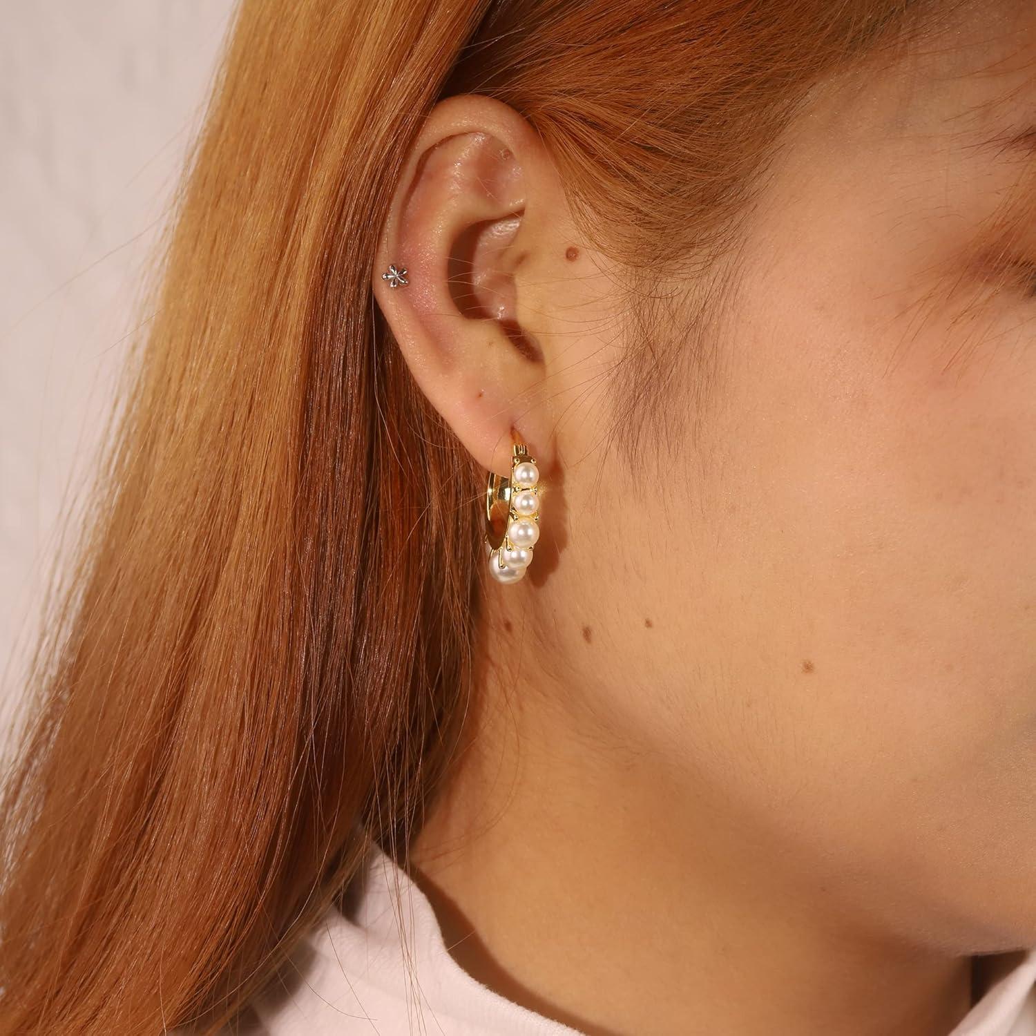 Gold Pearl Earrings for Women Hypoallergenic Sterling Silver Post Gold Pearl Hoop Earrings Pearls Earings for Women Jewelry Gifts(A-Pearl Hoop)