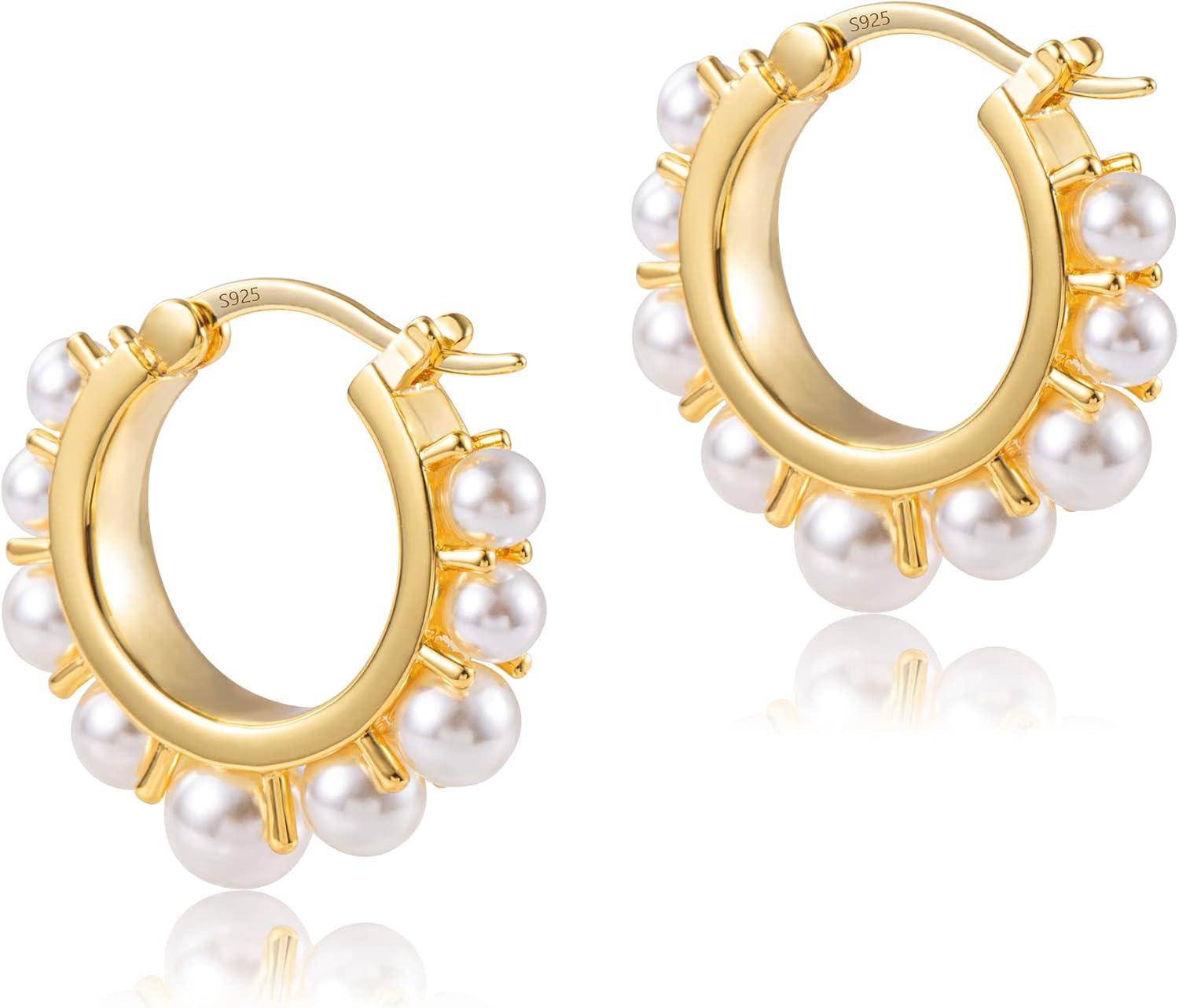 Gold Pearl Earrings for Women Hypoallergenic Sterling Silver Post Gold Pearl Hoop Earrings Pearls Earings for Women Jewelry Gifts(A-Pearl Hoop)