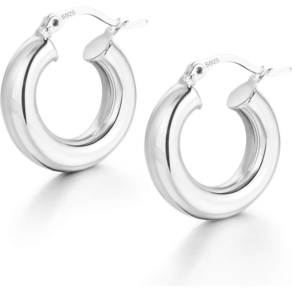 Chunky Hoop Earrings Thick Hoops for Women | Classic Thick Shiny Polished Round-Tube Chunky Hoop Earrings with 925 Sterling Silver Post for Women Girls Gift(Silver)