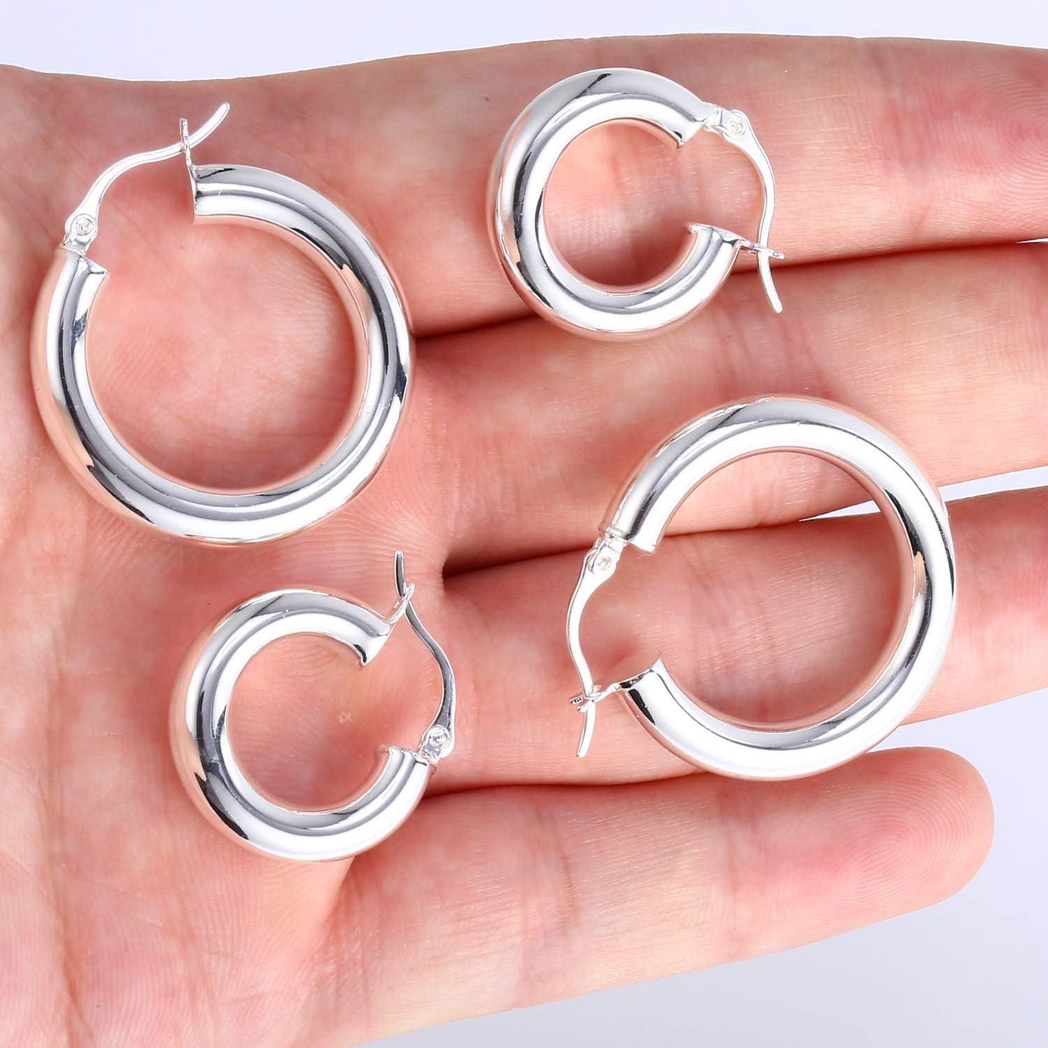 Chunky Hoop Earrings Thick Hoops for Women | Classic Thick Shiny Polished Round-Tube Chunky Hoop Earrings with 925 Sterling Silver Post for Women Girls Gift(Silver)