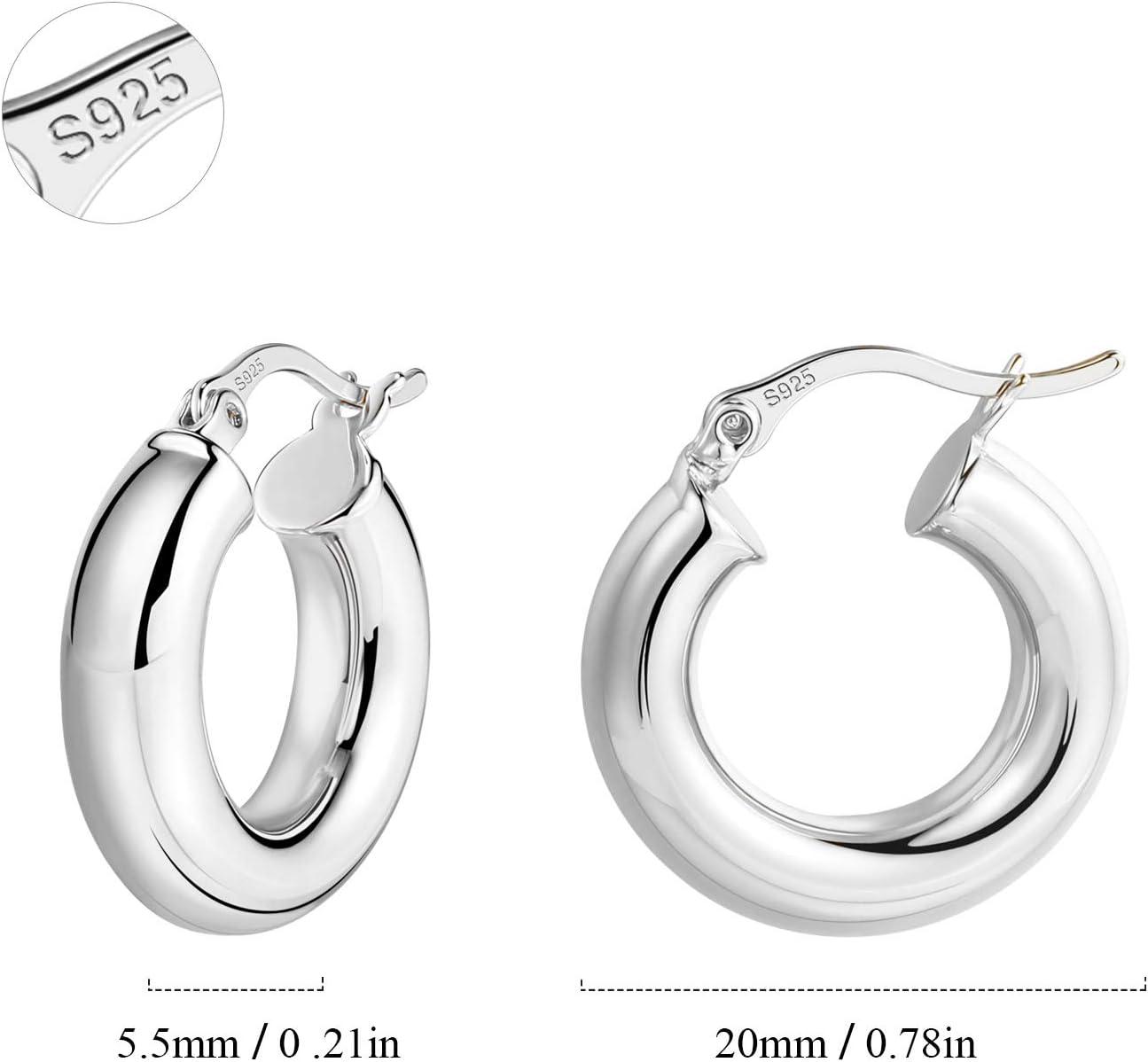Chunky Hoop Earrings Thick Hoops for Women | Classic Thick Shiny Polished Round-Tube Chunky Hoop Earrings with 925 Sterling Silver Post for Women Girls Gift(Silver)