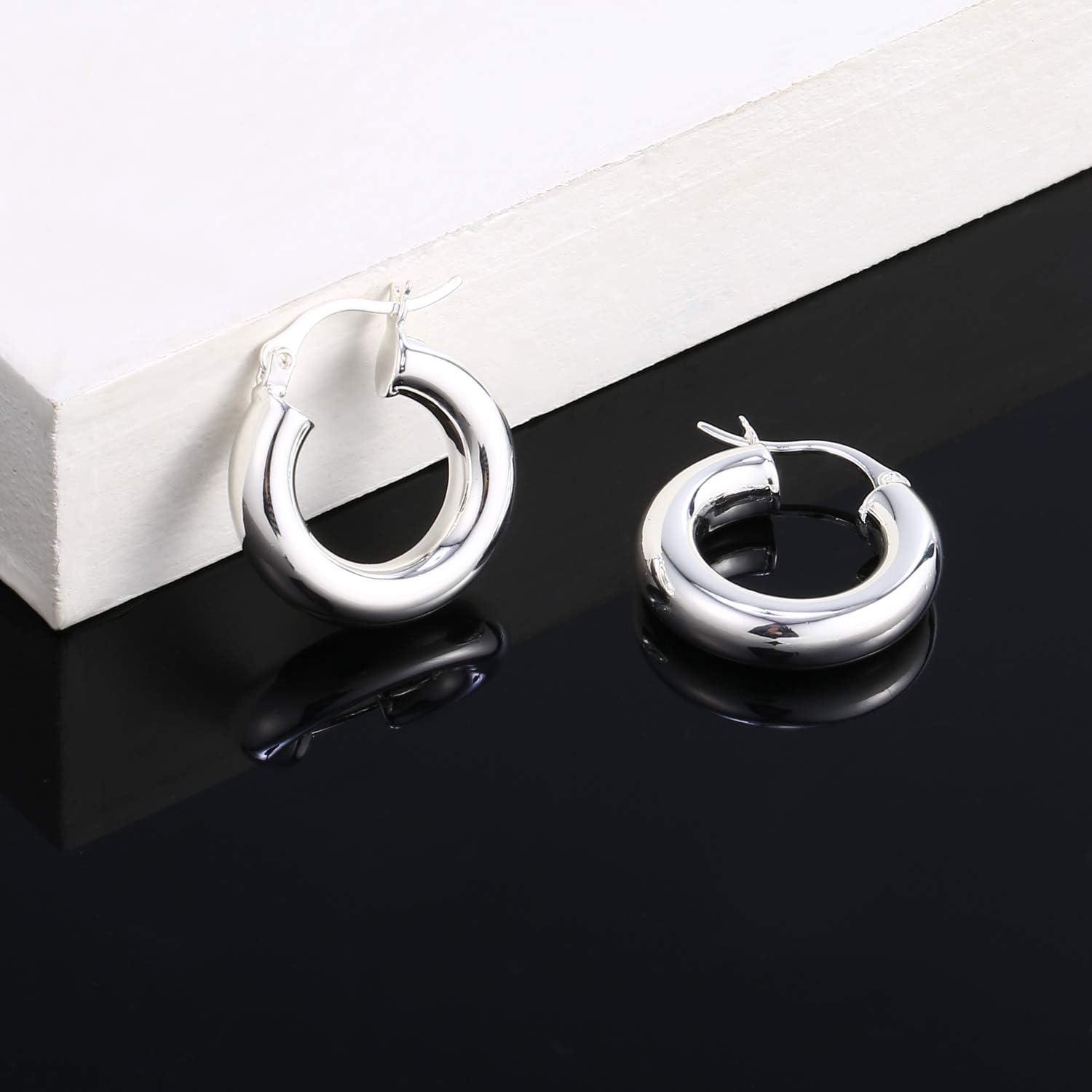 Chunky Hoop Earrings Thick Hoops for Women | Classic Thick Shiny Polished Round-Tube Chunky Hoop Earrings with 925 Sterling Silver Post for Women Girls Gift(Silver)