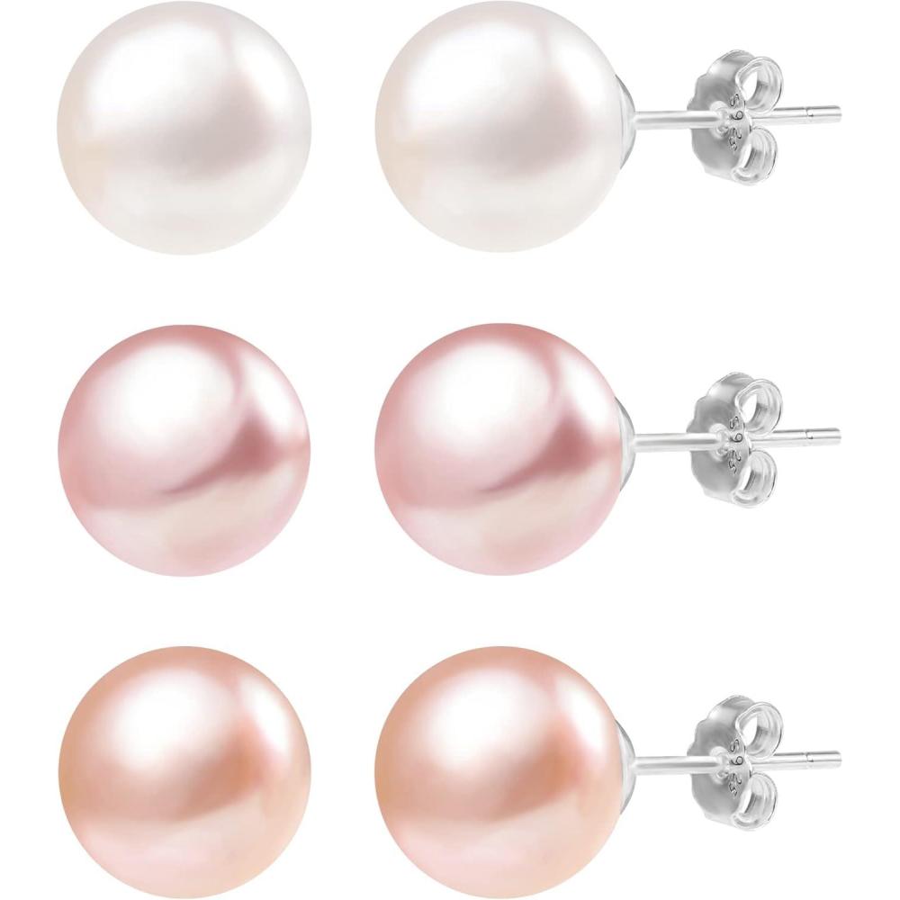 LANCHARMED Pearl Stud Earrings for Women Studs Set AAA Pearl Studs Hypoallergenic Sterling Silver Pearl Earrings Multi Pack(White/Pink/Purple 7mm Pearl-Silver)