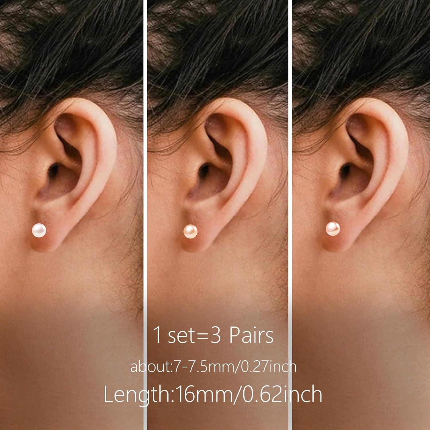 LANCHARMED Pearl Stud Earrings for Women Studs Set AAA Pearl Studs Hypoallergenic Sterling Silver Pearl Earrings Multi Pack(White/Pink/Purple 7mm Pearl-Silver)