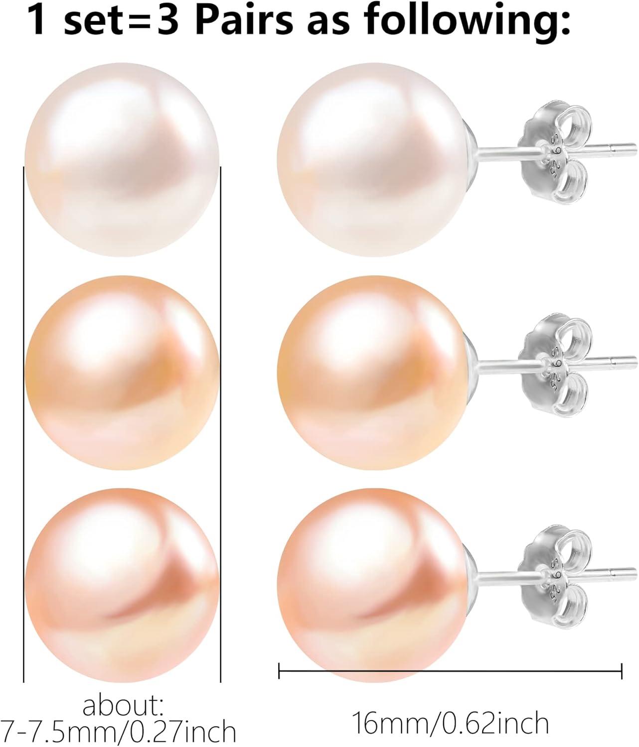 LANCHARMED Pearl Stud Earrings for Women Studs Set AAA Pearl Studs Hypoallergenic Sterling Silver Pearl Earrings Multi Pack(White/Pink/Purple 7mm Pearl-Silver)