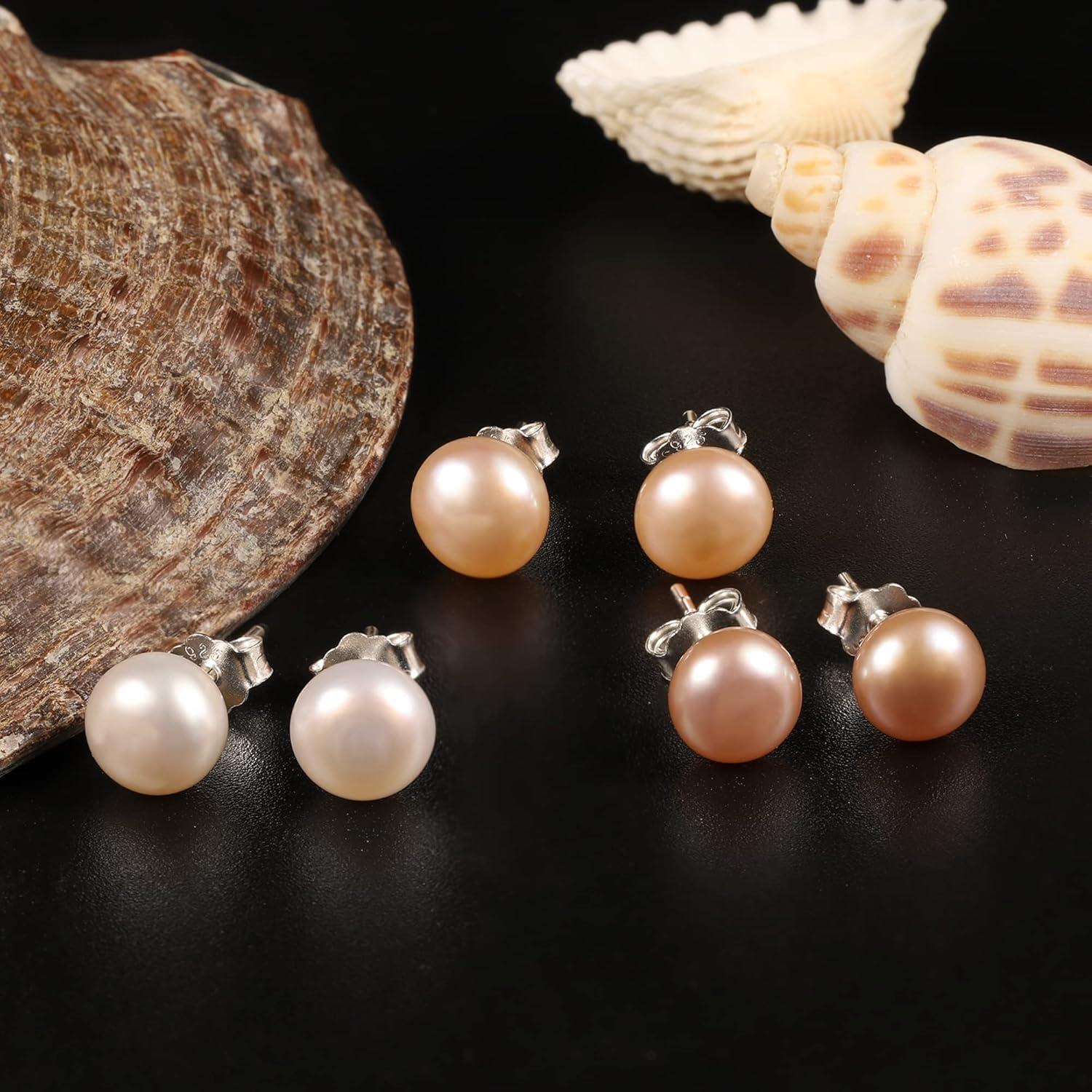 LANCHARMED Pearl Stud Earrings for Women Studs Set AAA Pearl Studs Hypoallergenic Sterling Silver Pearl Earrings Multi Pack(White/Pink/Purple 7mm Pearl-Silver)