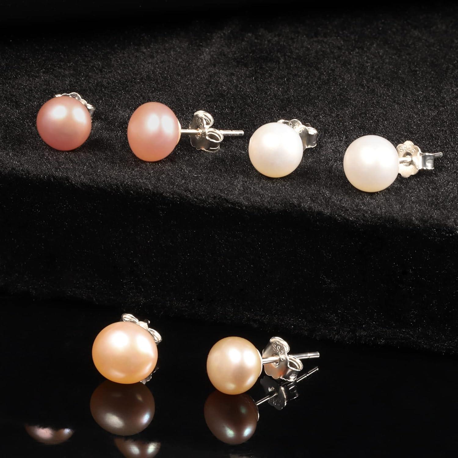 LANCHARMED Pearl Stud Earrings for Women Studs Set AAA Pearl Studs Hypoallergenic Sterling Silver Pearl Earrings Multi Pack(White/Pink/Purple 7mm Pearl-Silver)