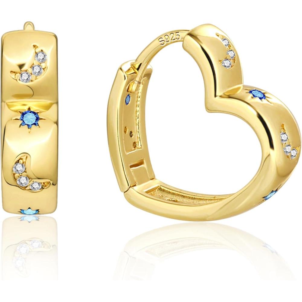 LANCHARMED 14K Gold Plated Heart Hoop Earrings for Women Trendy Huggie Star Moon Zirconia 925 Sterling Silver Hoops Earring Hypoallergenic Chunky Earings for Valentine Jewelry Gifts(14K Gold)